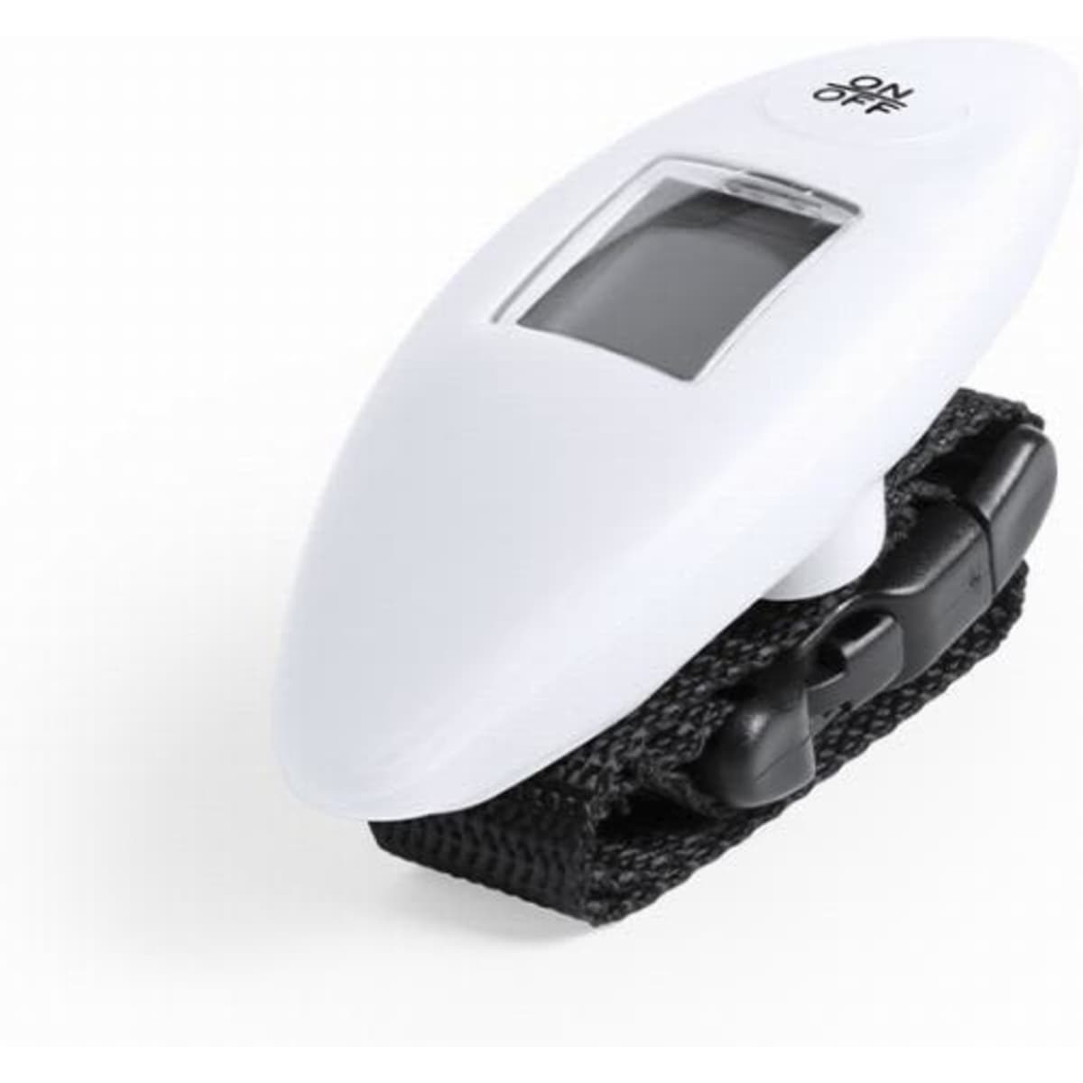 A white electronic device with a digital display, mounted on a black strap. Features an ON/OFF button.