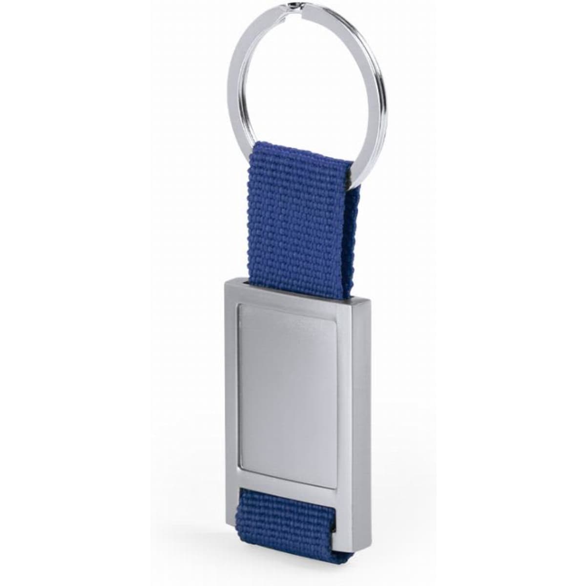 A keyring with a blue fabric strap and a rectangular silver metal tag. Features a split ring for keys.