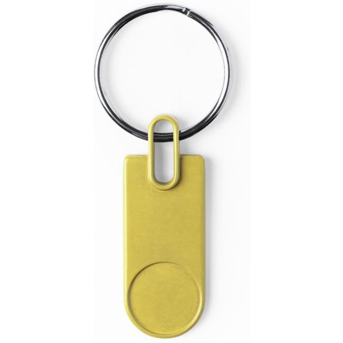 A keychain featuring a yellow metal tag with a circular opening and a split ring for attachment.