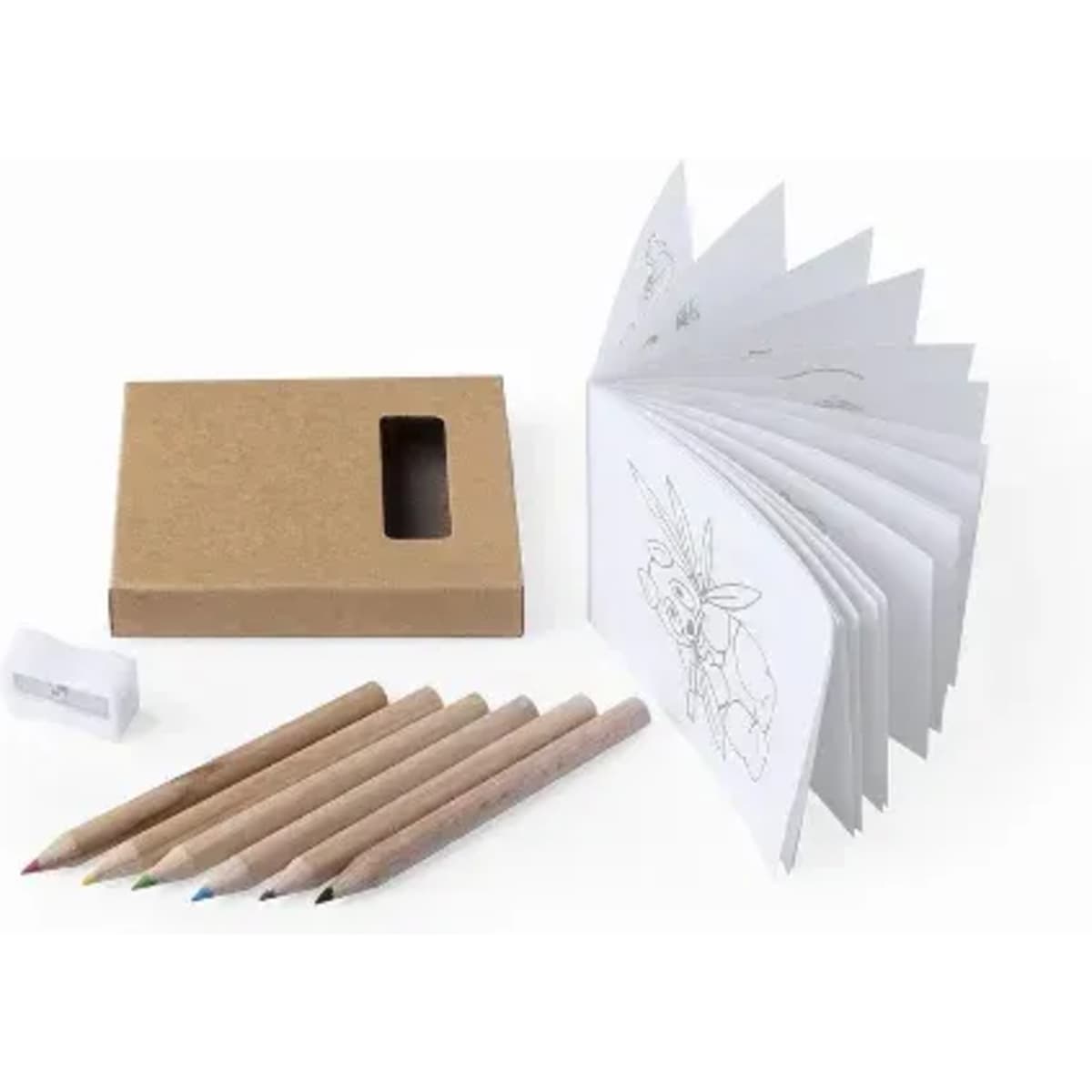 A colouring set with a box, six coloured pencils, an eraser, and a spiral-bound colouring book.