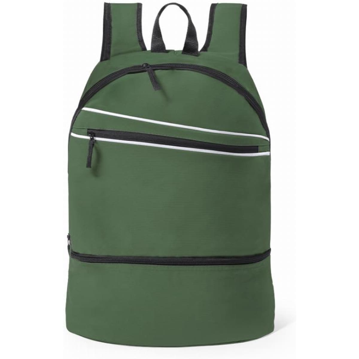 A green backpack with multiple zippered compartments and black accents. It has adjustable shoulder straps.