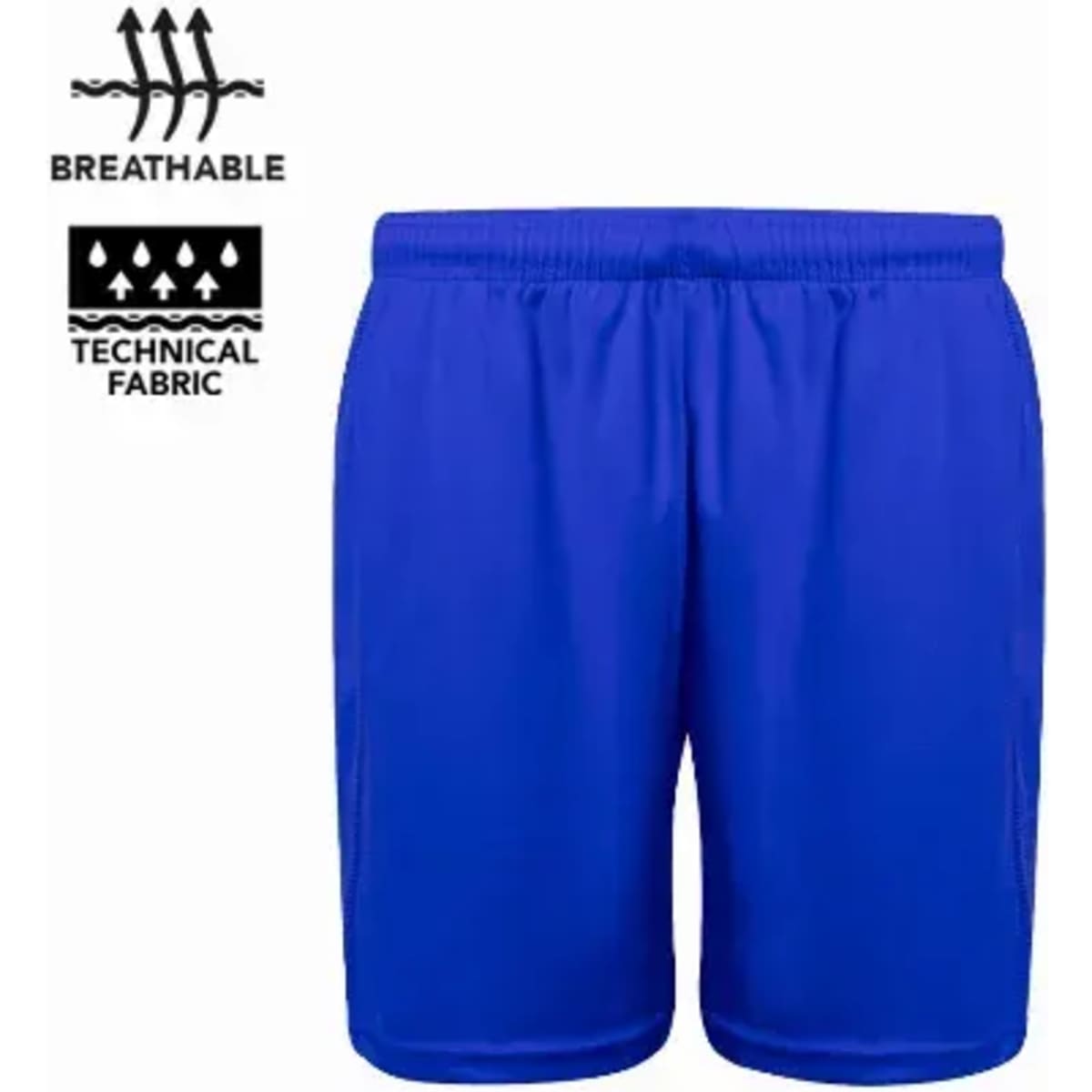 A pair of bright blue sports shorts made from breathable technical fabric, featuring a logo on the waistband.