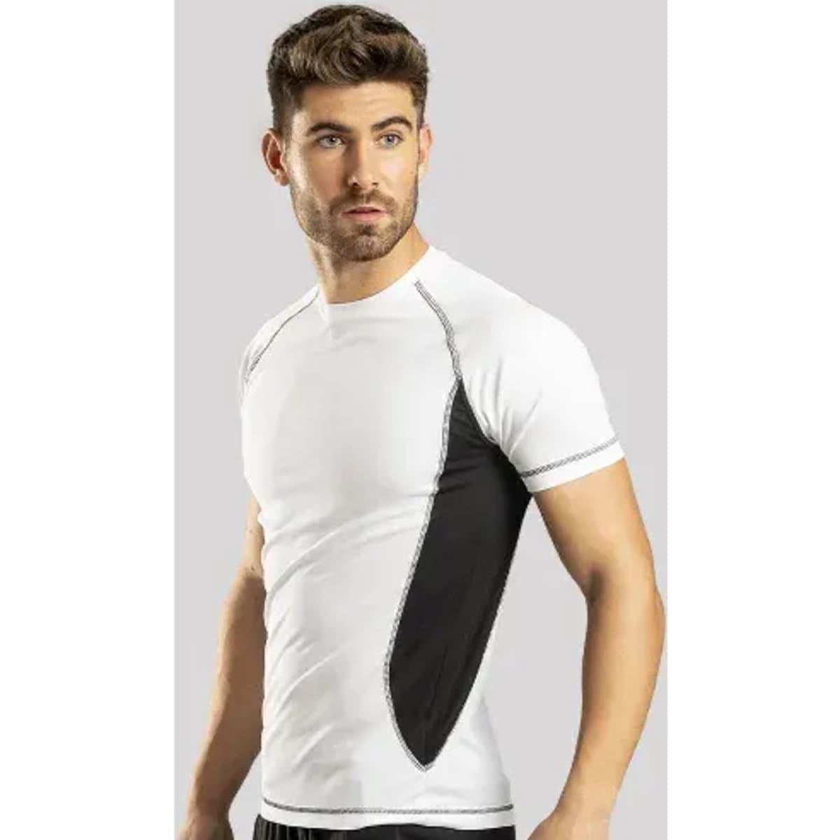 A white and black short-sleeved T-shirt with contrasting side panel design and a logo on the chest.