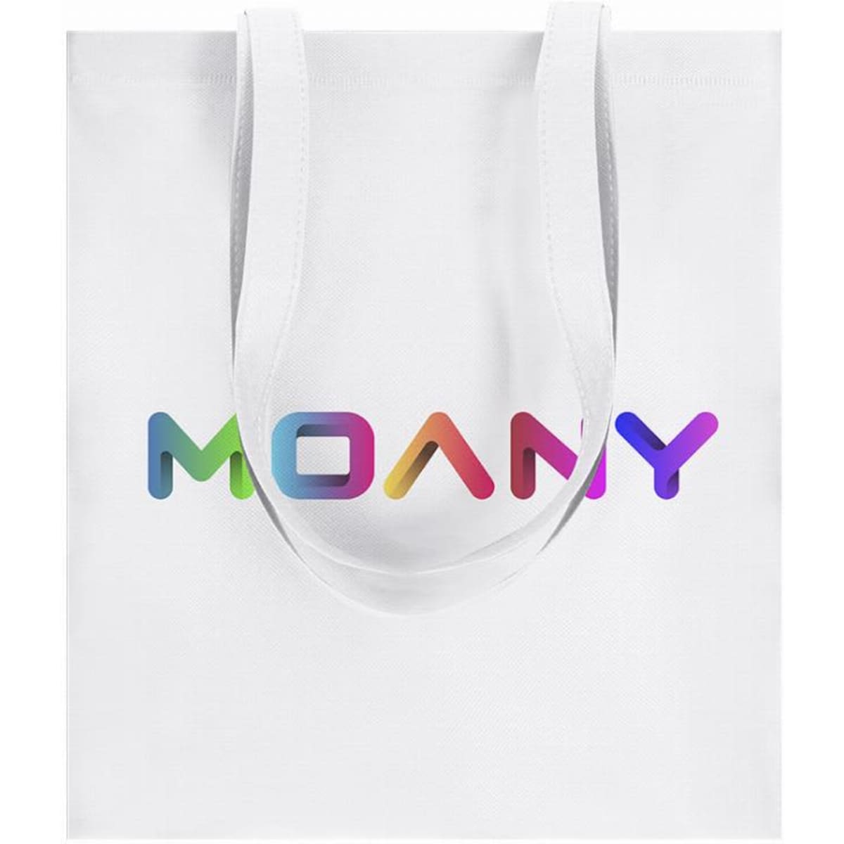 A white tote bag featuring a multi-coloured logo design. It has two sturdy handles for carrying.