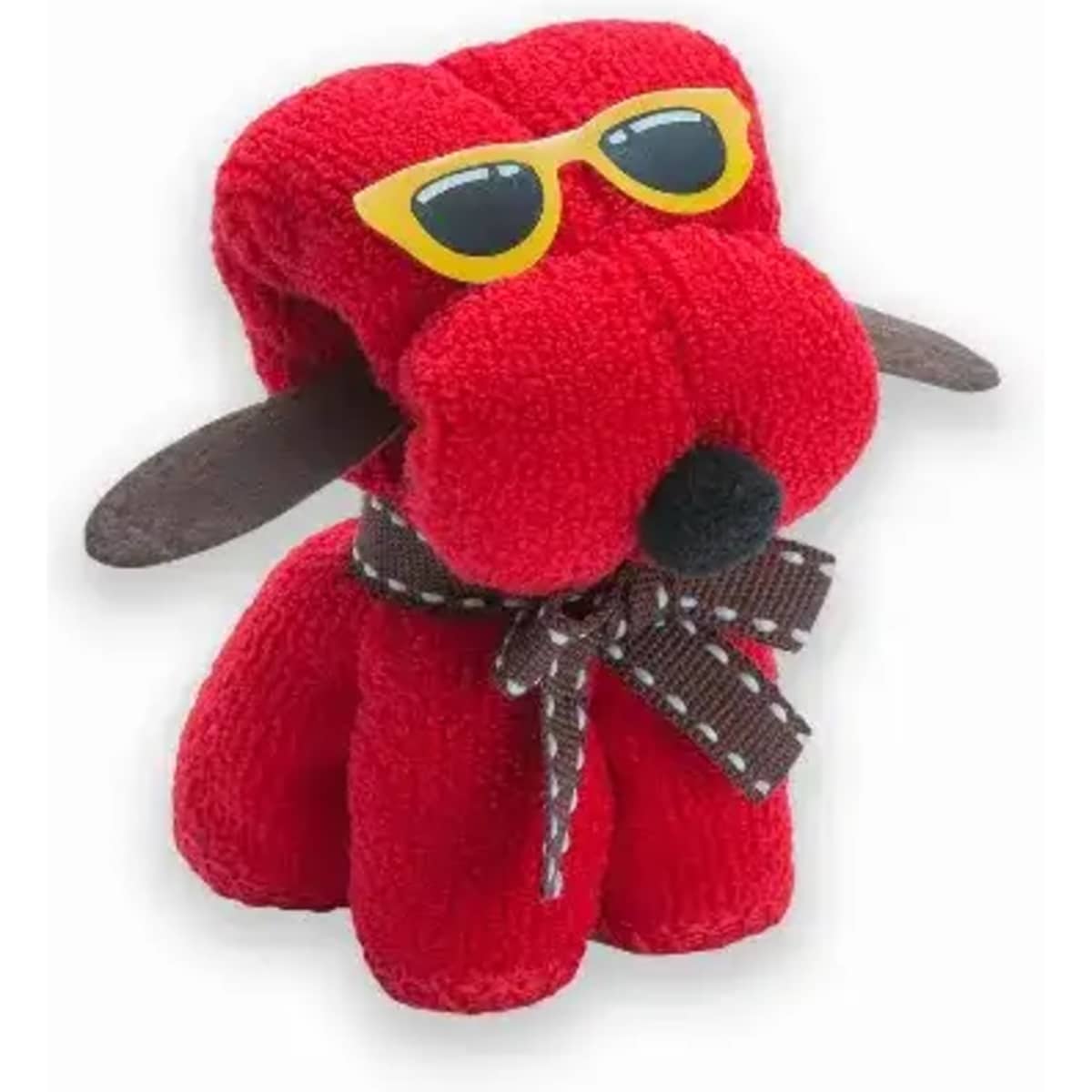 A red plush toy dog wearing yellow sunglasses and a brown checked bow tie. It has brown ears and a black nose.