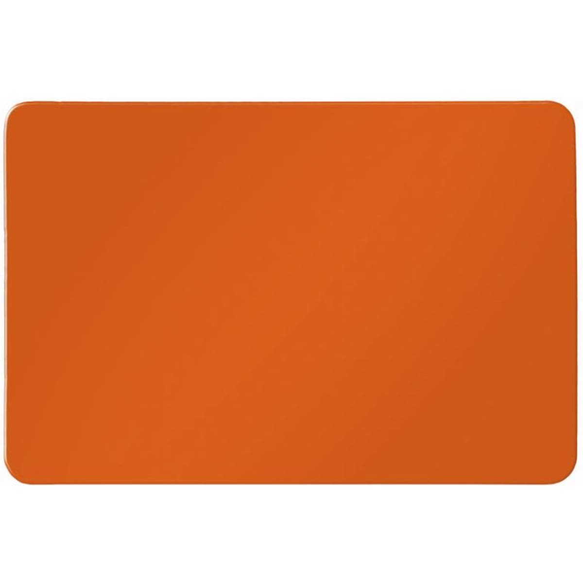 An orange placemat with a smooth surface, featuring a simple rectangular shape.