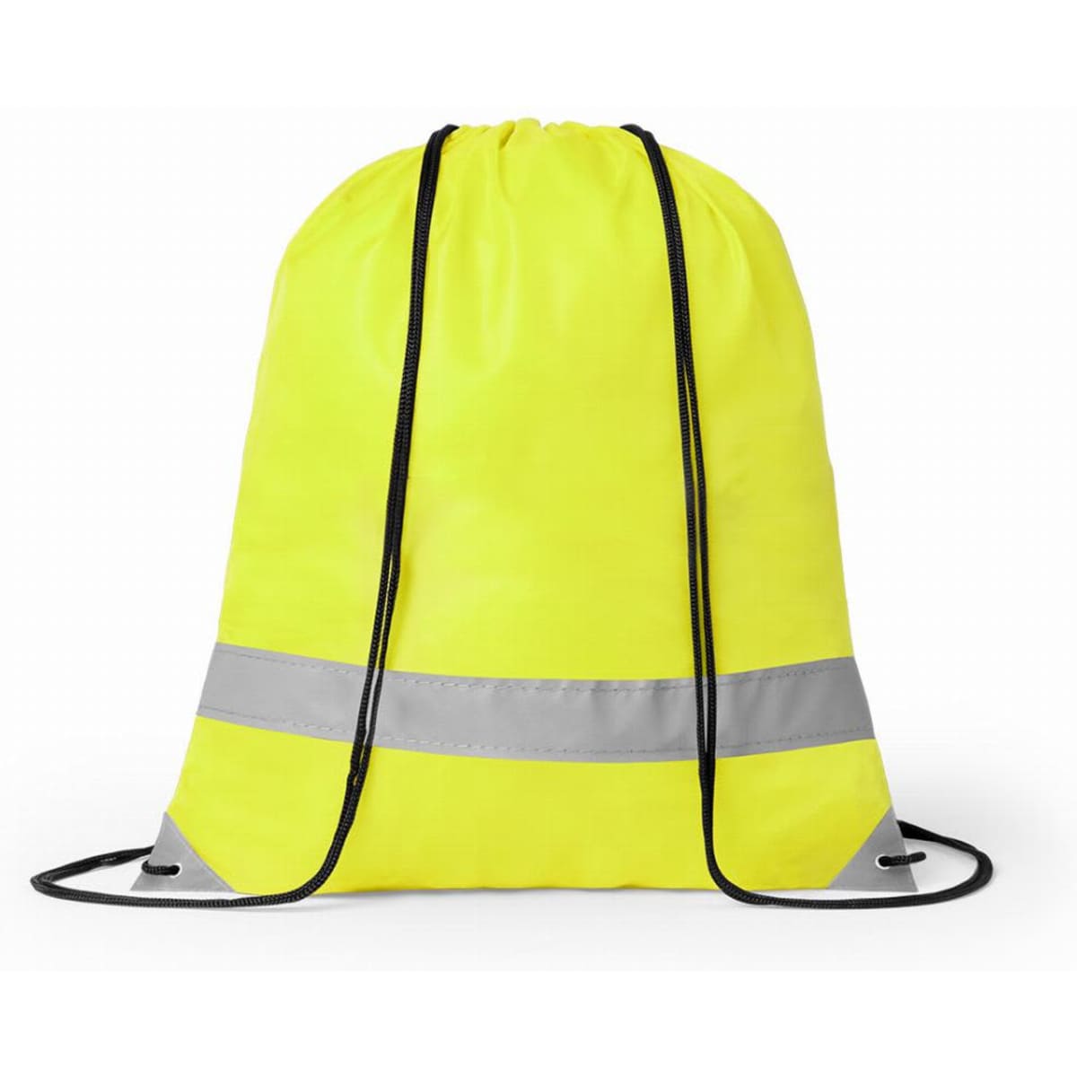 A drawstring bag in bright yellow with reflective grey stripes and black cords. It has a simple, functional design.