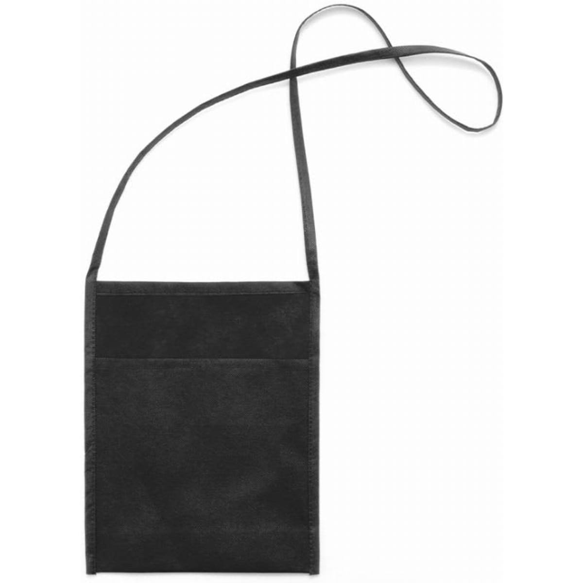 A black shoulder bag with a long strap and a front pocket, featuring a simple design.