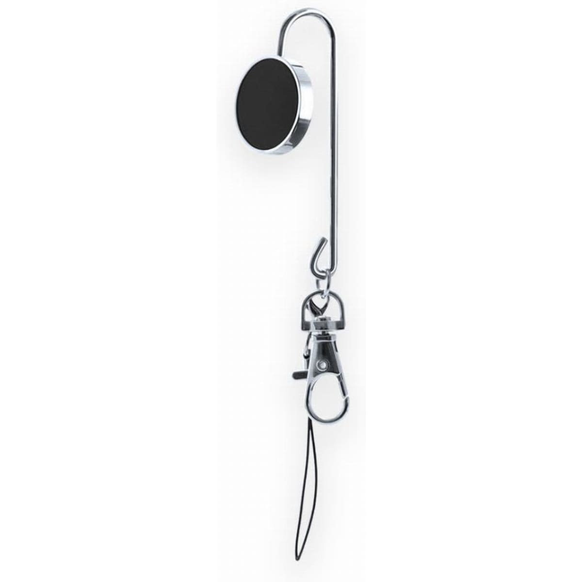 A magnetic hook with a chrome finish and a black circular magnet, featuring a clamp and a loop for hanging.