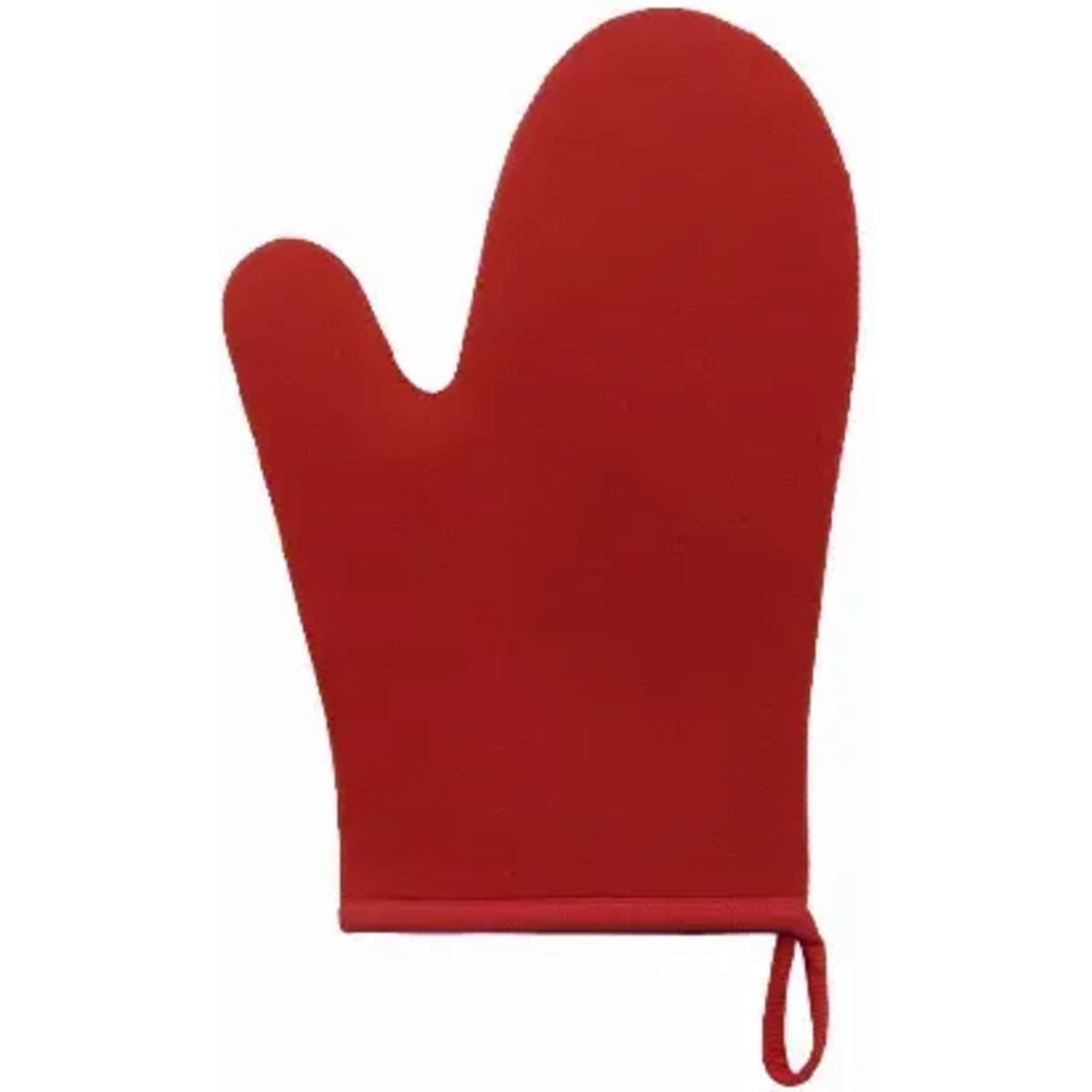 A red oven mitt made from silicone, featuring a textured surface and a loop for hanging.