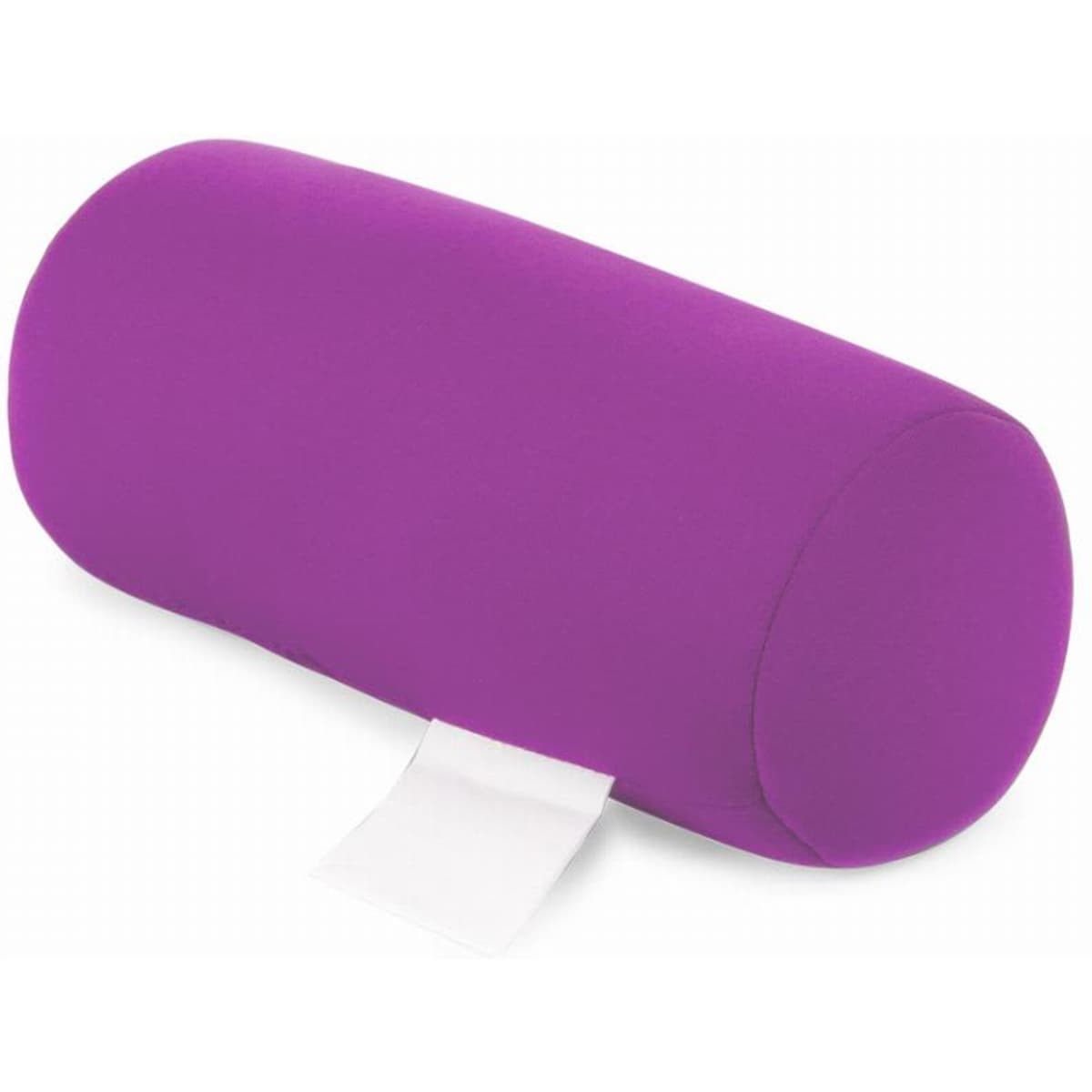 A round purple bolster pillow with a smooth texture and a small tag visible on one side.