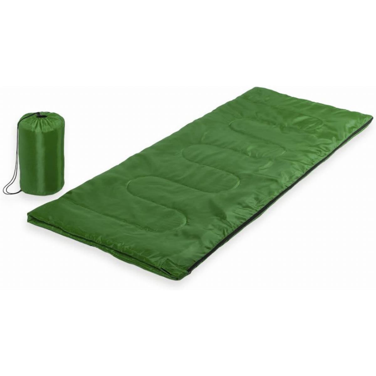 A green sleeping bag with a roll-up design, accompanied by a matching storage bag.