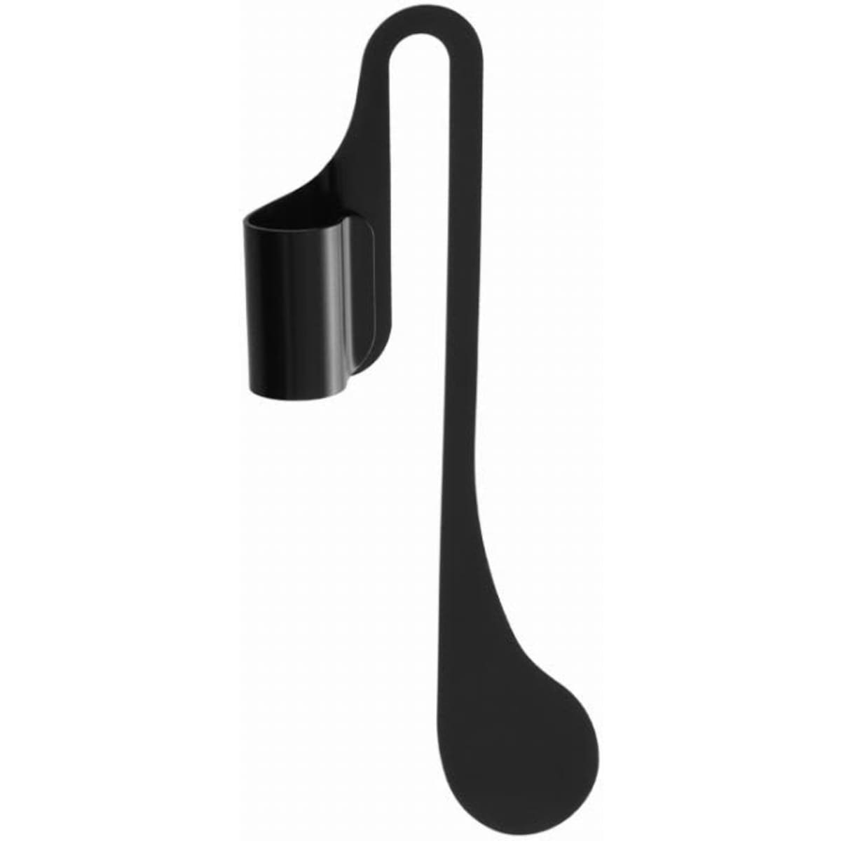 A black bottle holder with a curved design for easy attachment, featuring a cylindrical section to hold a drink bottle.