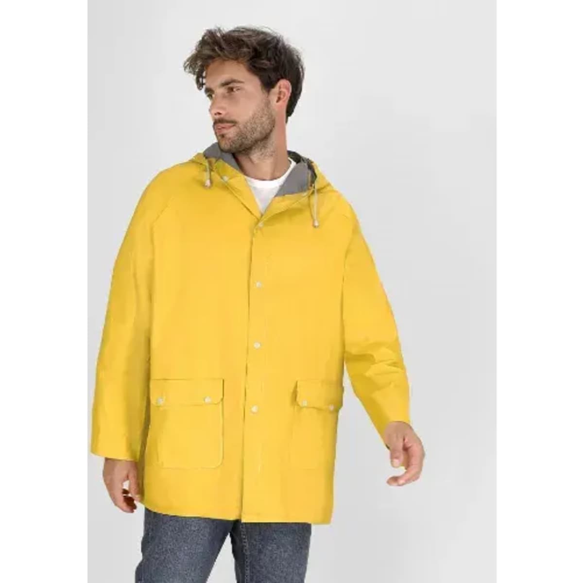 A rain jacket in vibrant yellow with a hood and two front pockets, featuring a grey lining.