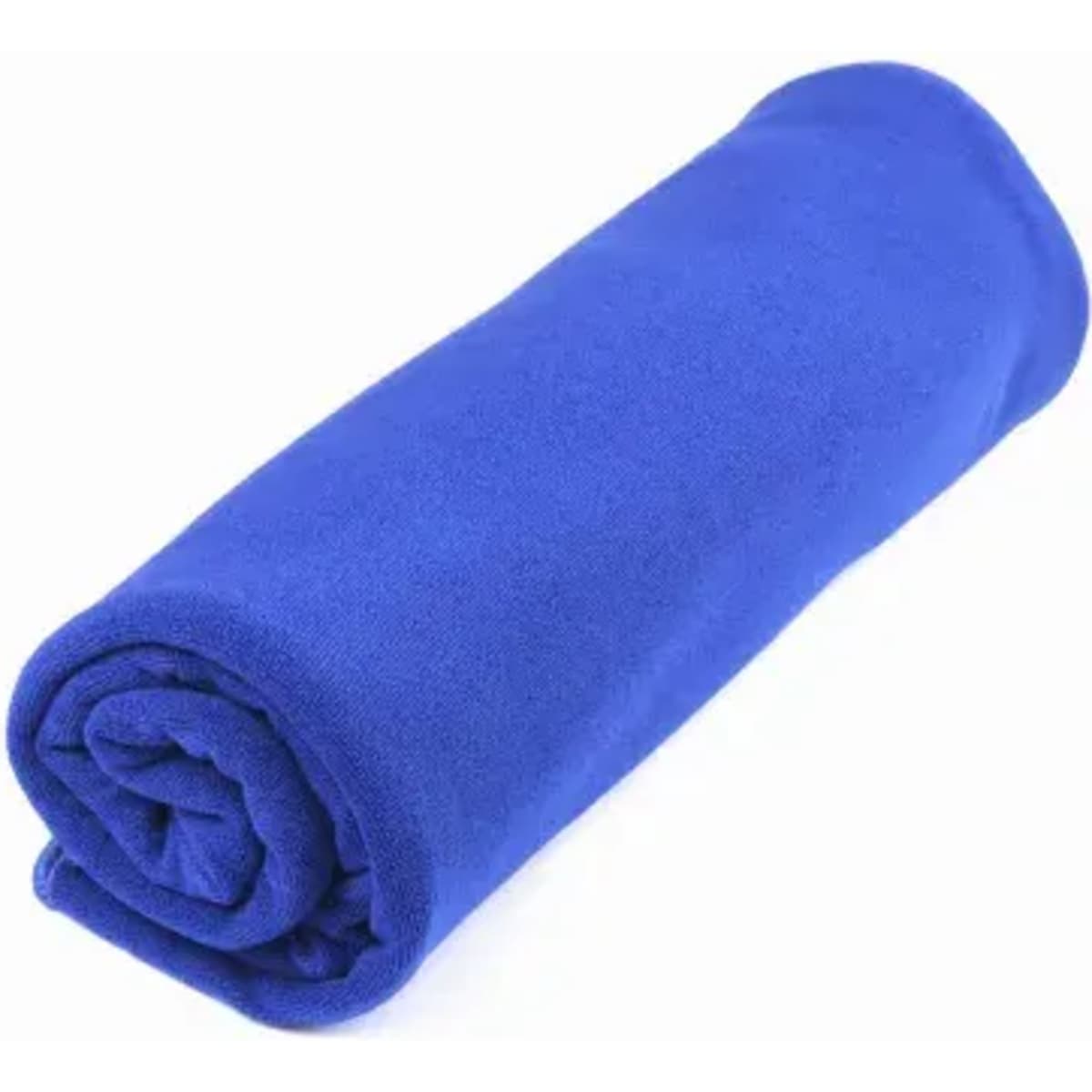 A rolled-up blue fleece blanket, neatly wrapped and soft to the touch. It features a smooth texture.