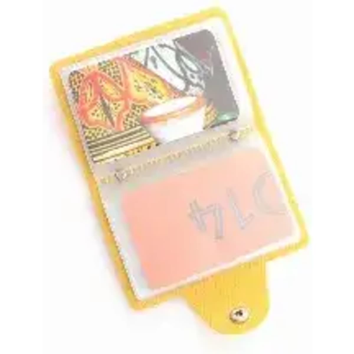 A yellow cardholder with a transparent cover and a decorative image on the front. It features a snap closure.