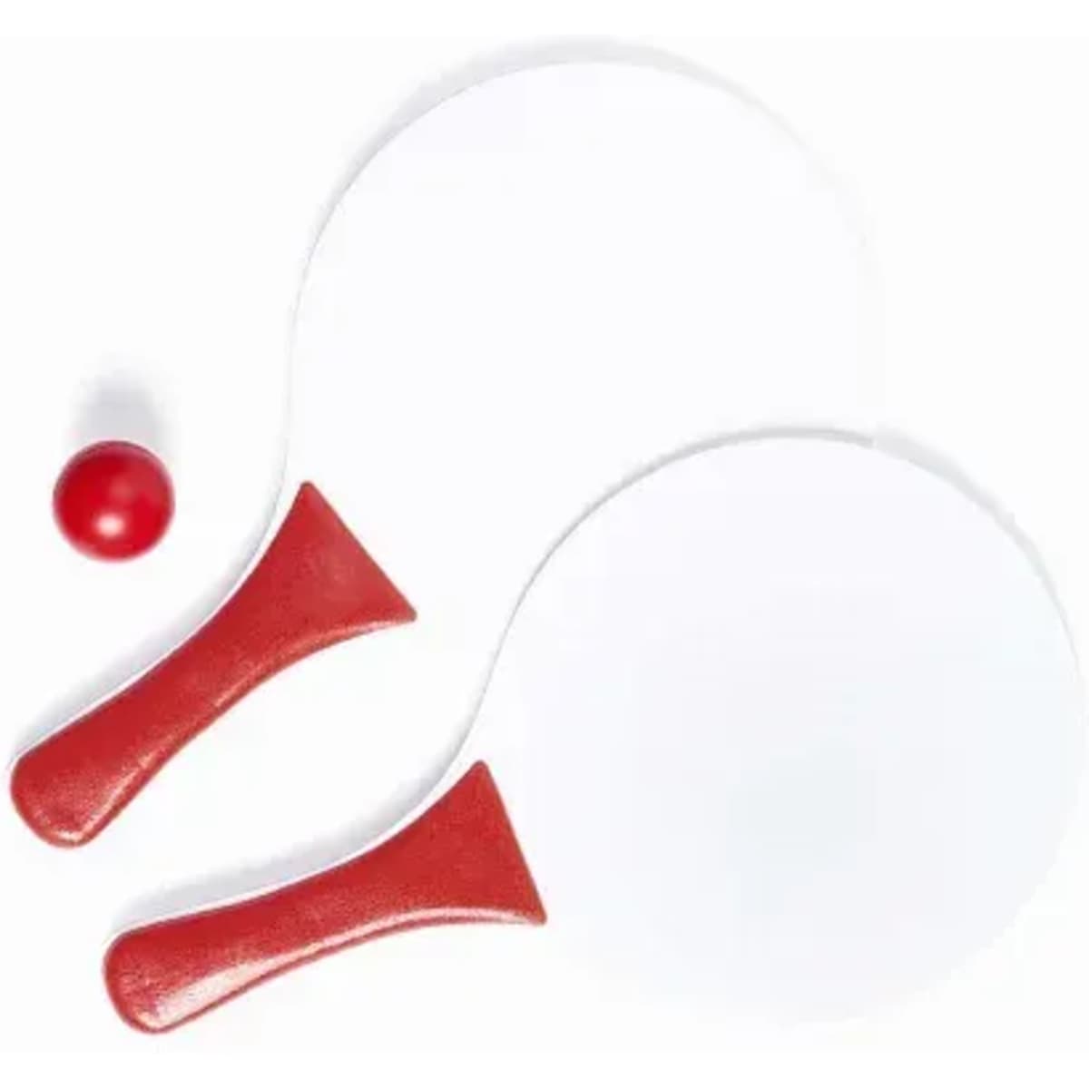 Two red-handled table tennis paddles and a red ping pong ball are displayed against a white background.