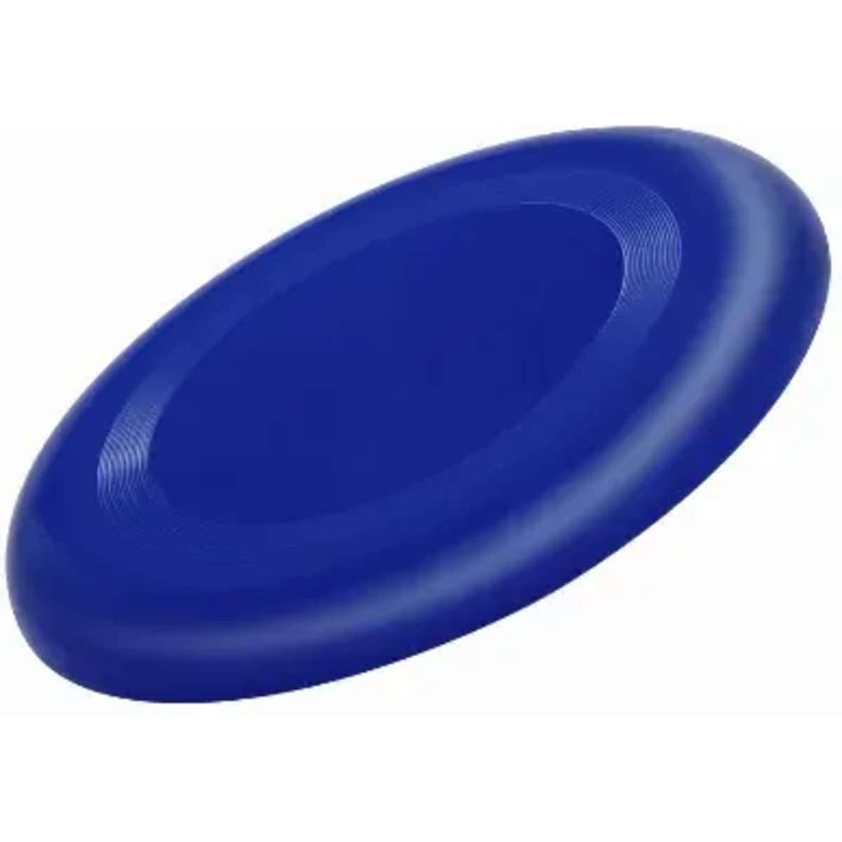 A blue frisbee with a smooth surface and a rounded edge. It features a simple design and a subtle logo.