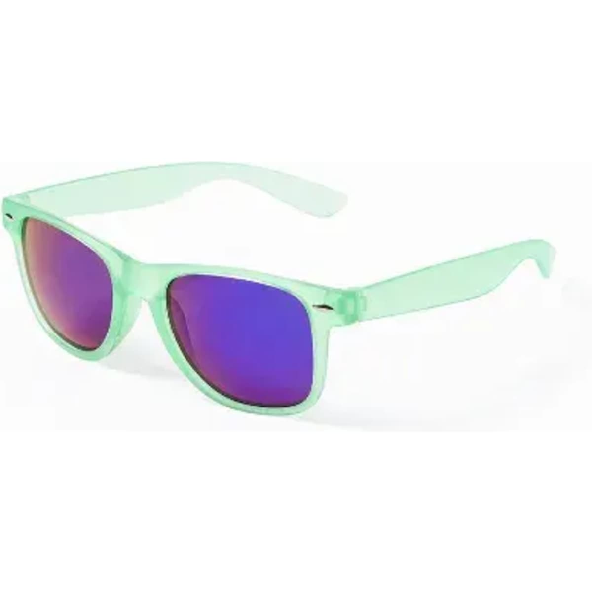 A pair of mint green sunglasses with purple-tinted lenses and a classic design.