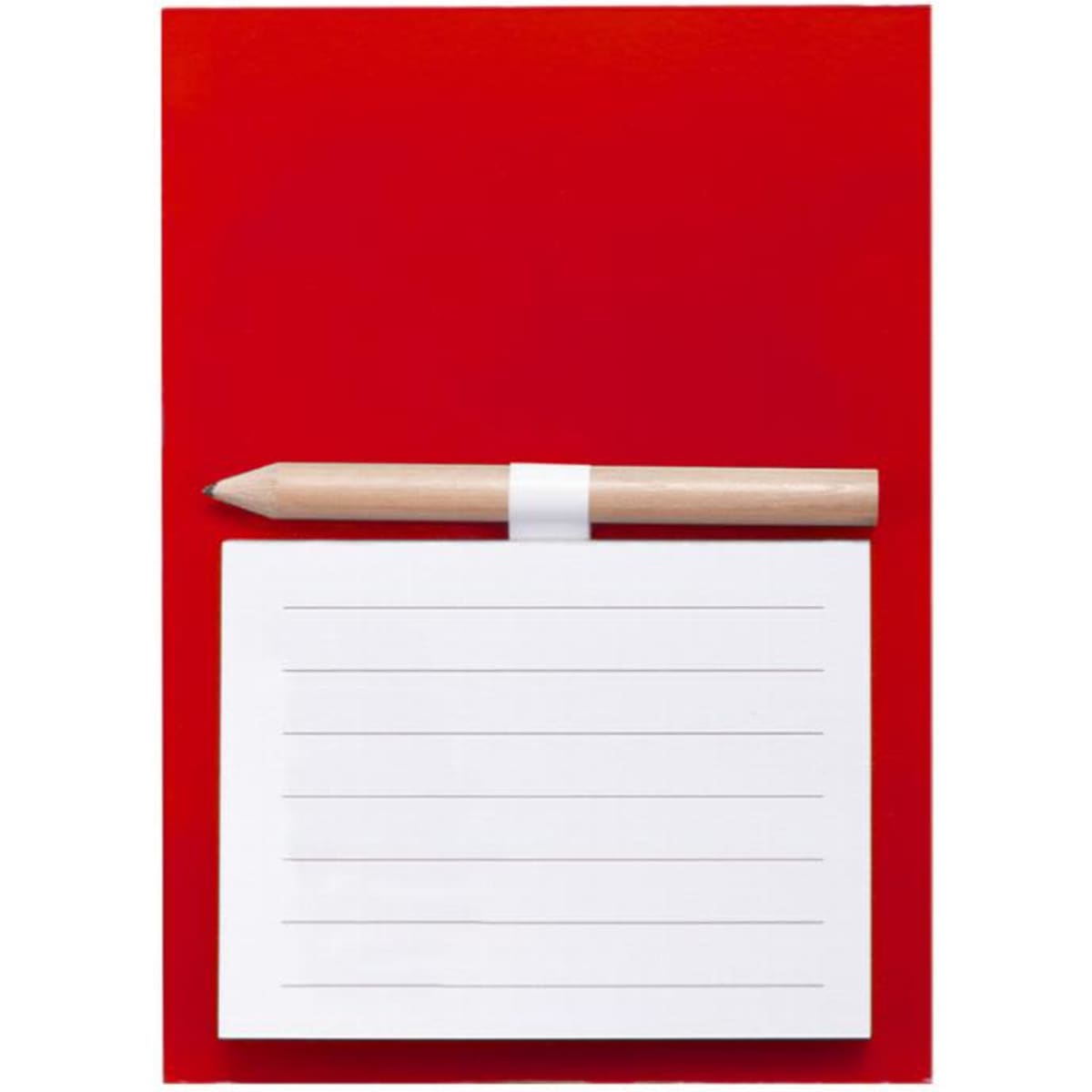 A red notebook with horizontal lines and a wooden pencil placed on top. The notebook has a simple design.