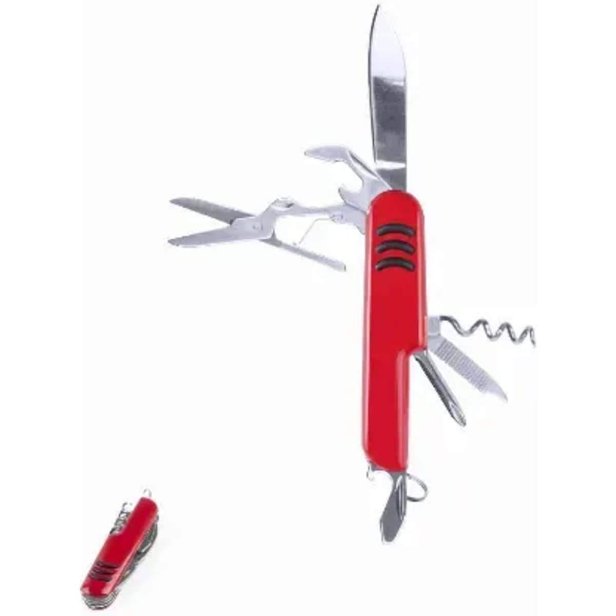 A red multi-tool featuring a knife, scissors, corkscrew, and various other tools, with a metallic finish.