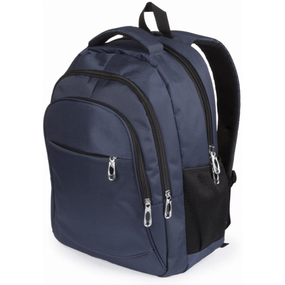 A backpack in navy blue with multiple zippered compartments and a mesh side pocket. It has padded shoulder straps.