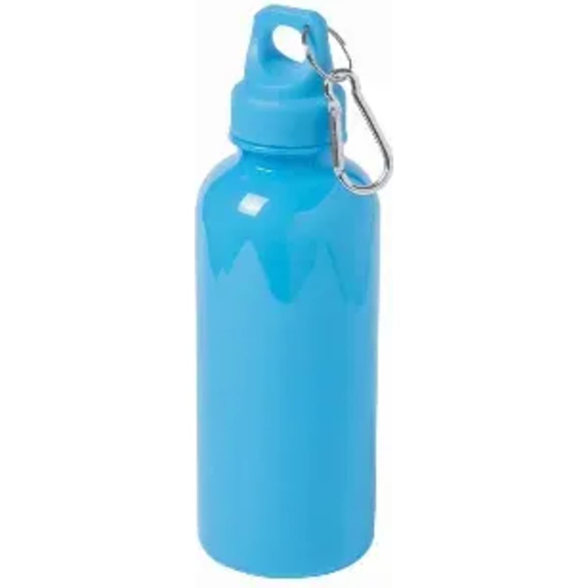 A drink bottle in vibrant blue with a silver carabiner attached for easy carrying.