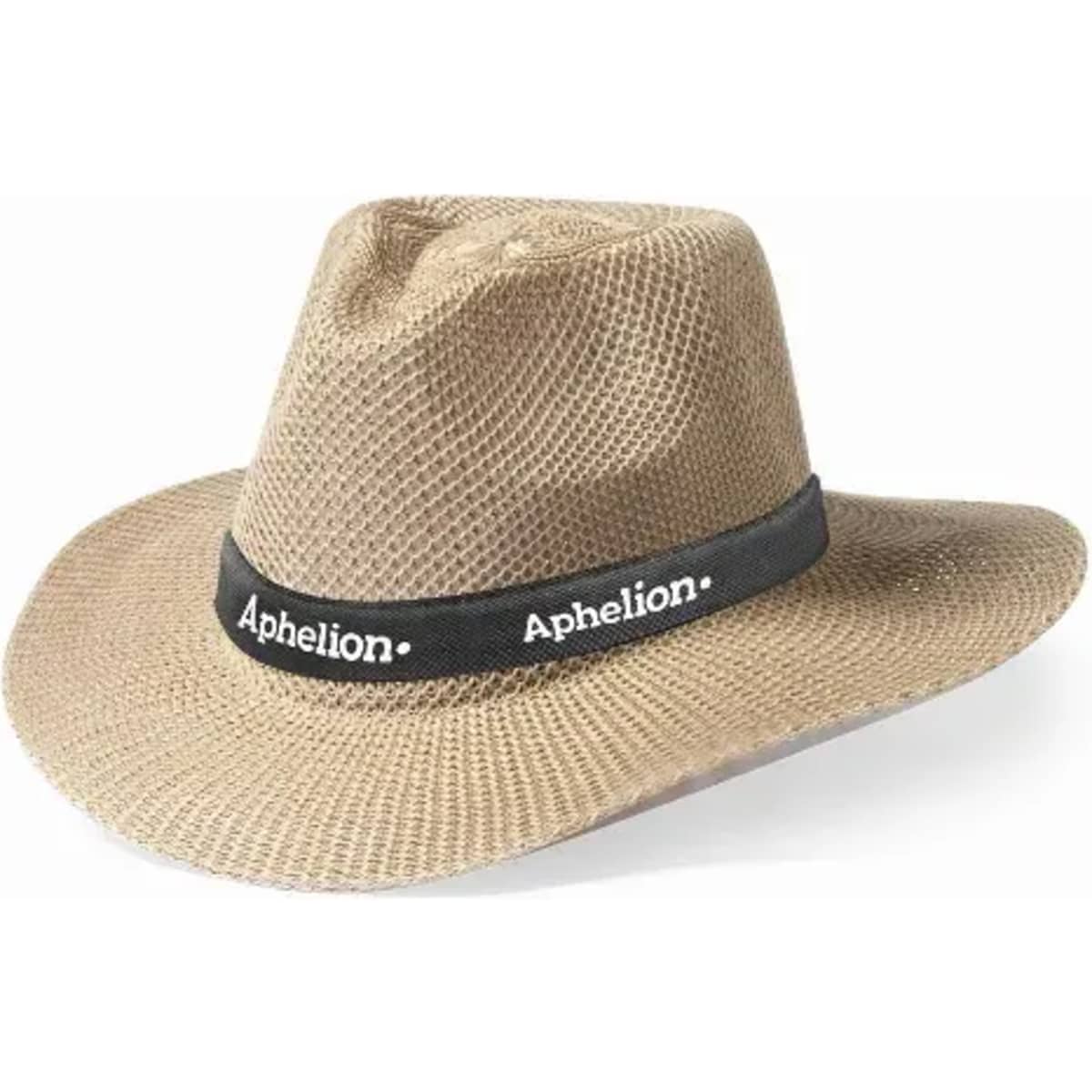 A wide-brimmed straw hat in beige with a dark band featuring a logo.