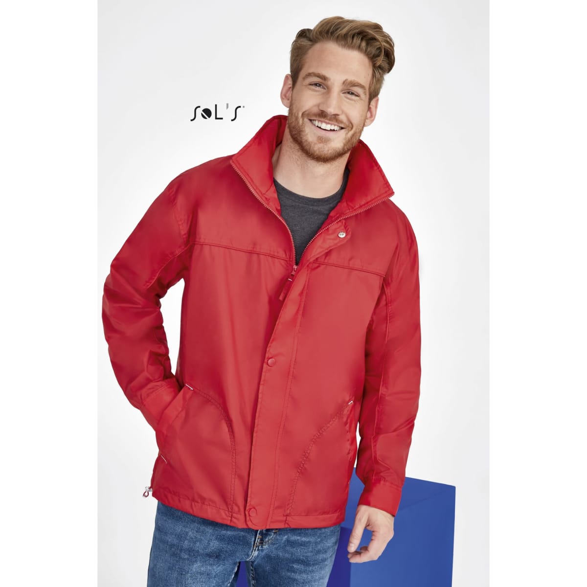 A red men's jacket with a hood, featuring a water-repellent exterior and a jersey lining, and includes a logo.