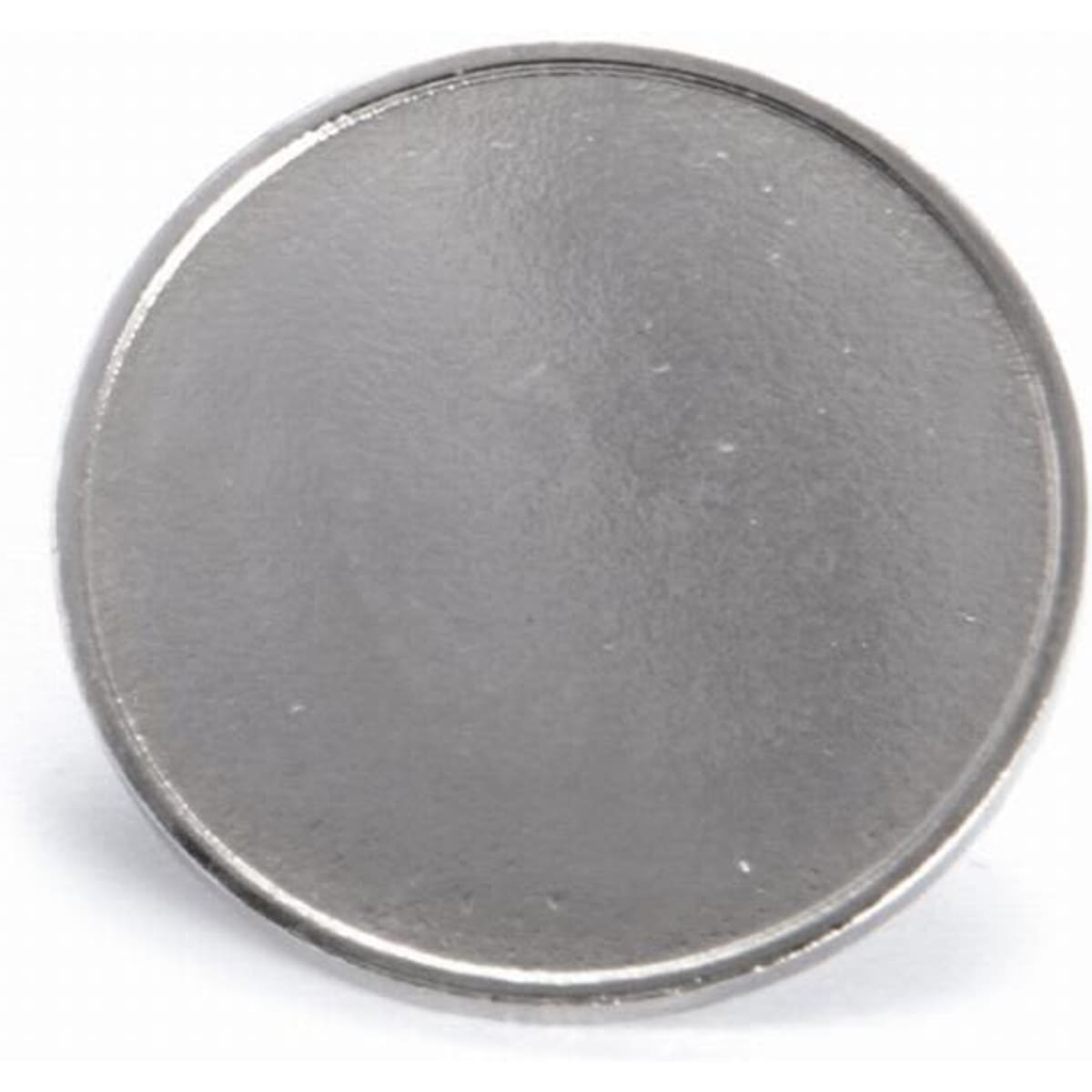 A circular, silver lapel pin with a smooth, metallic surface, featuring no designs or text.