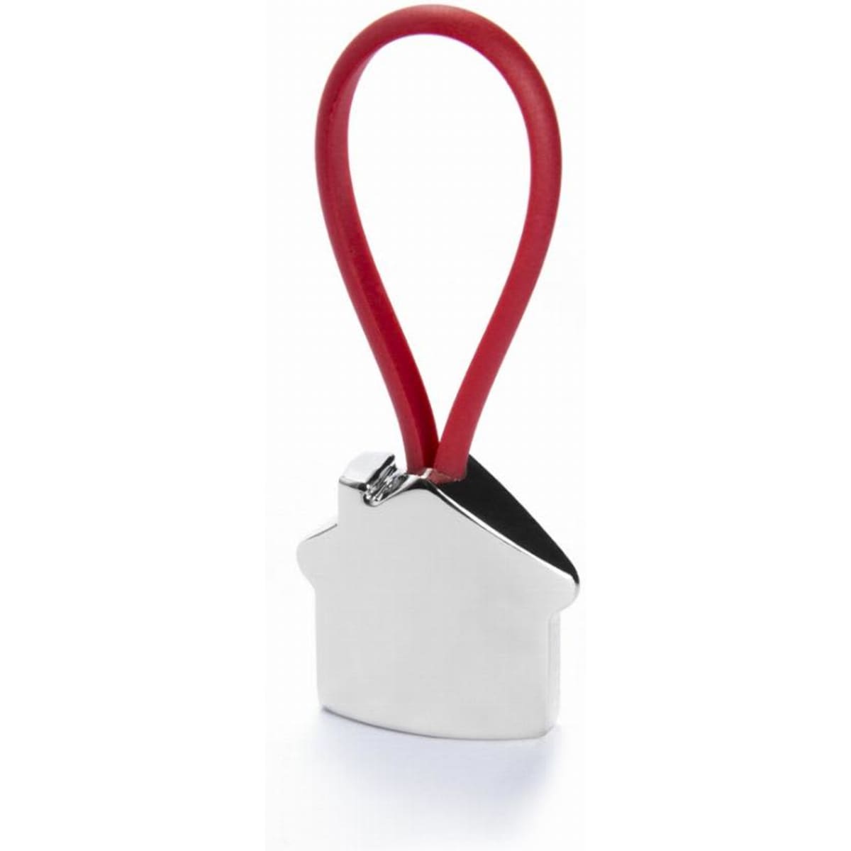 A stainless steel house-shaped keyring with a red rubber loop for easy attachment.