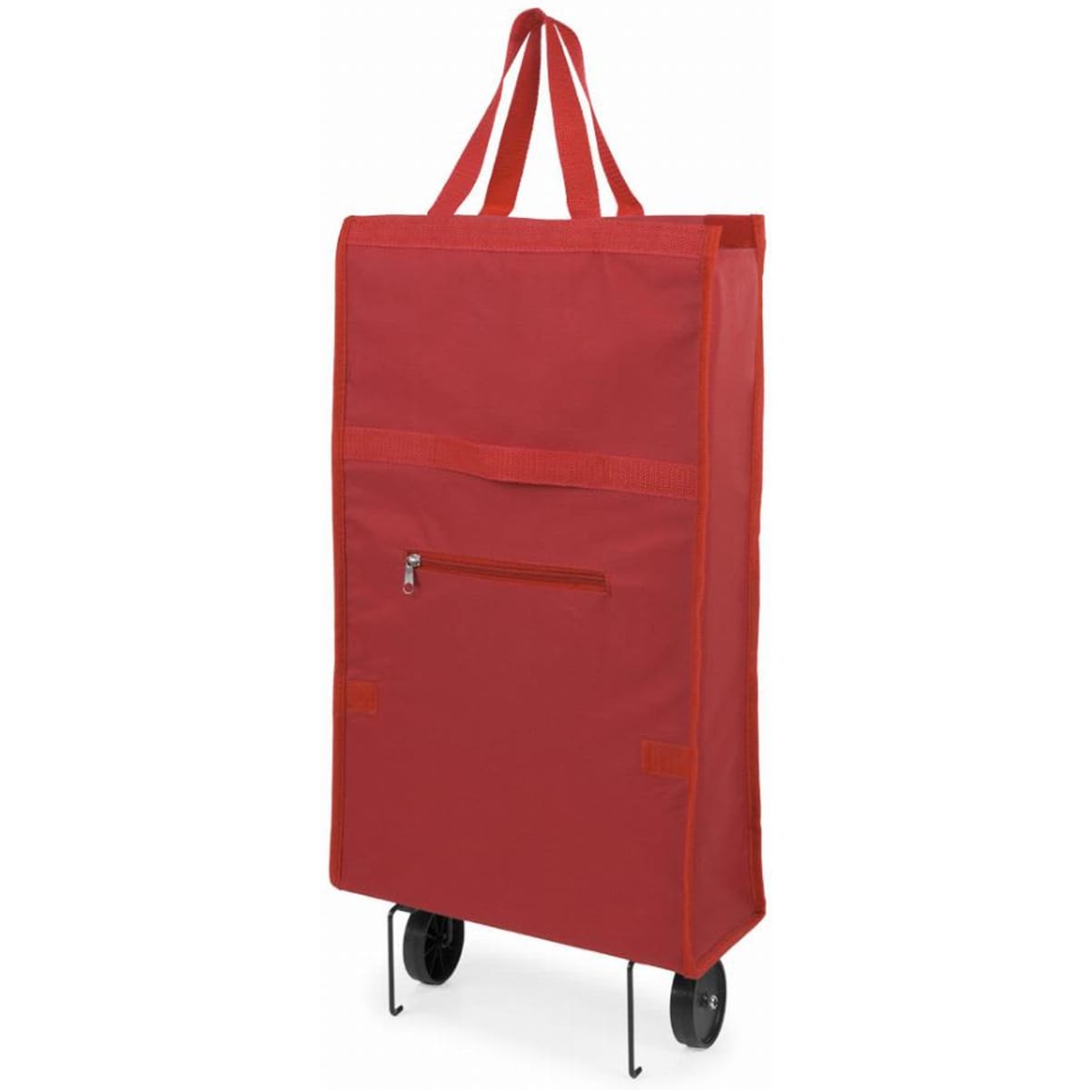 A red wheeled trolley bag with a front zip pocket and dual handles for easy transport.