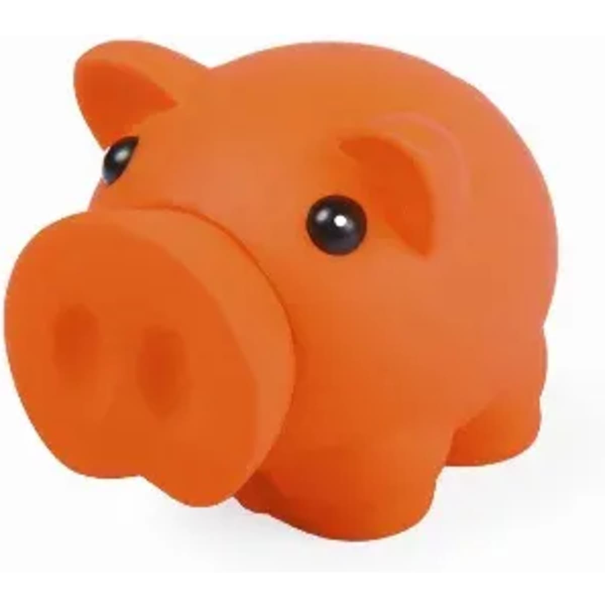 An orange pig-shaped stress ball with black eyes, featuring a smooth, rounded design.