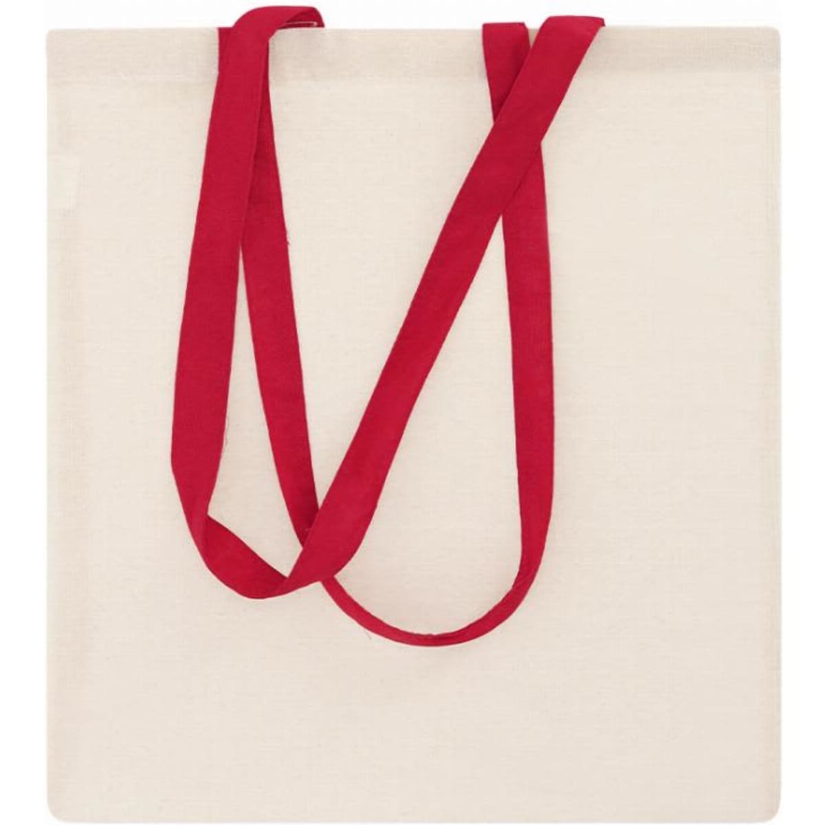 A tote bag in cream with red handles, featuring a simple and minimalistic design.