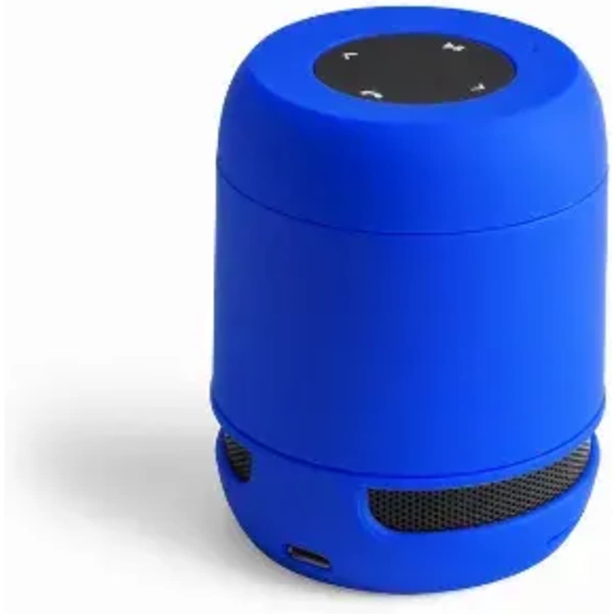A blue portable speaker with a round shape and control buttons on top, featuring a mesh grille at the bottom.
