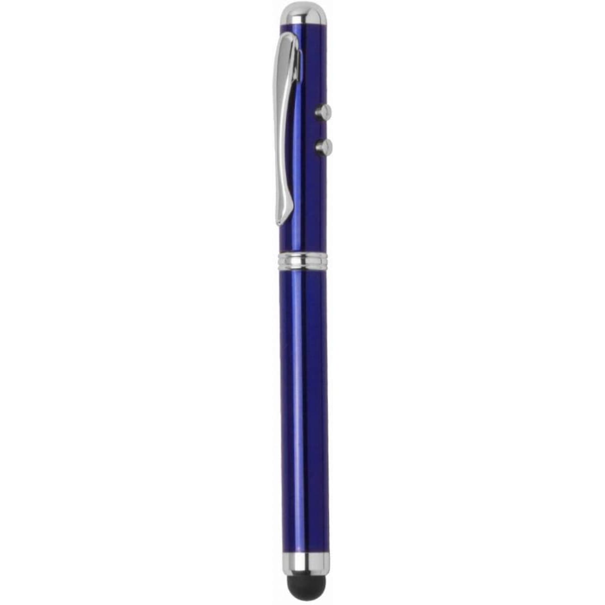 A pen with a sleek design in a deep blue colour, featuring silver accents and a stylus tip.