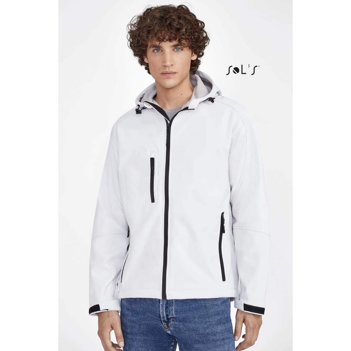 A white softshell hoodie with a zip, featuring black accents and a hood, designed for men. It includes branding.