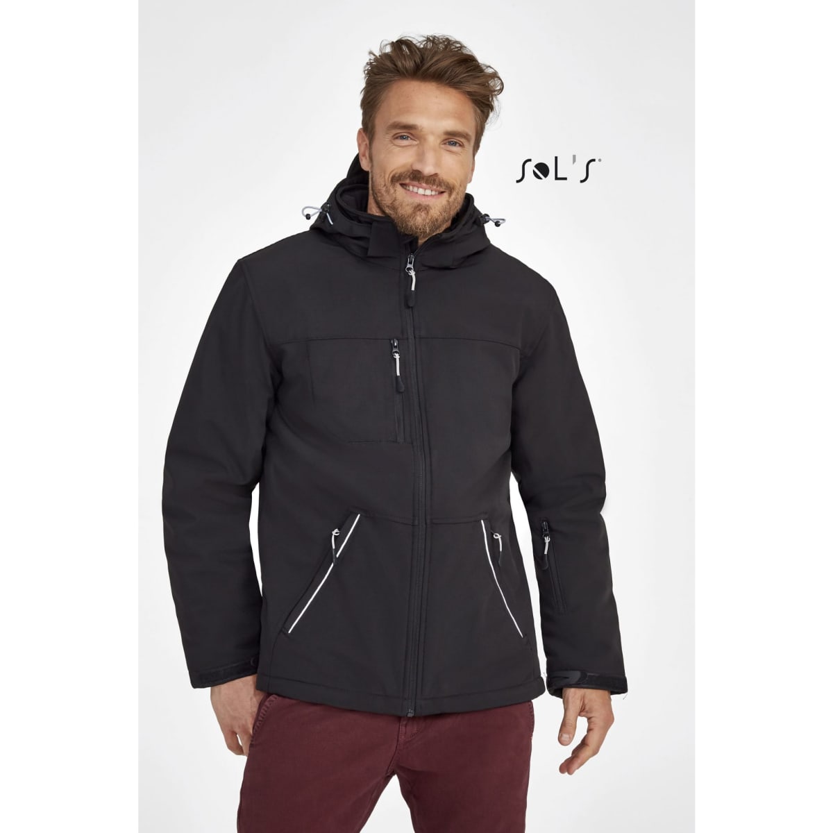 A black men's softshell jacket featuring a hood and multiple pockets. The product includes a logo.