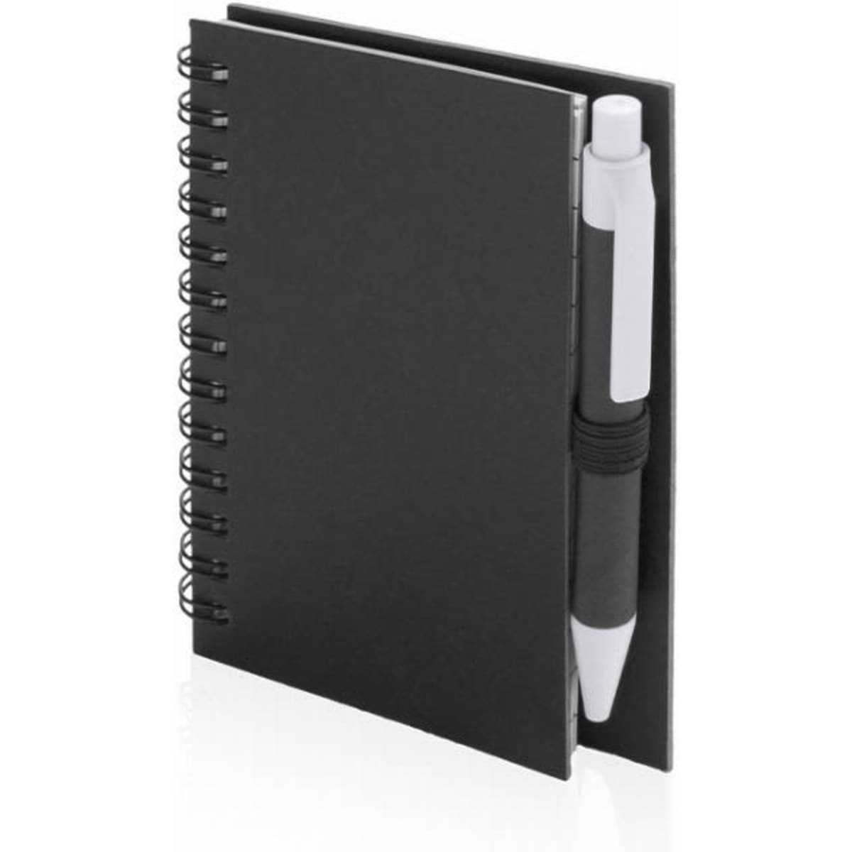 A black spiral-bound notebook with a matching pen tucked into its side. The notebook has a sleek, minimal design.