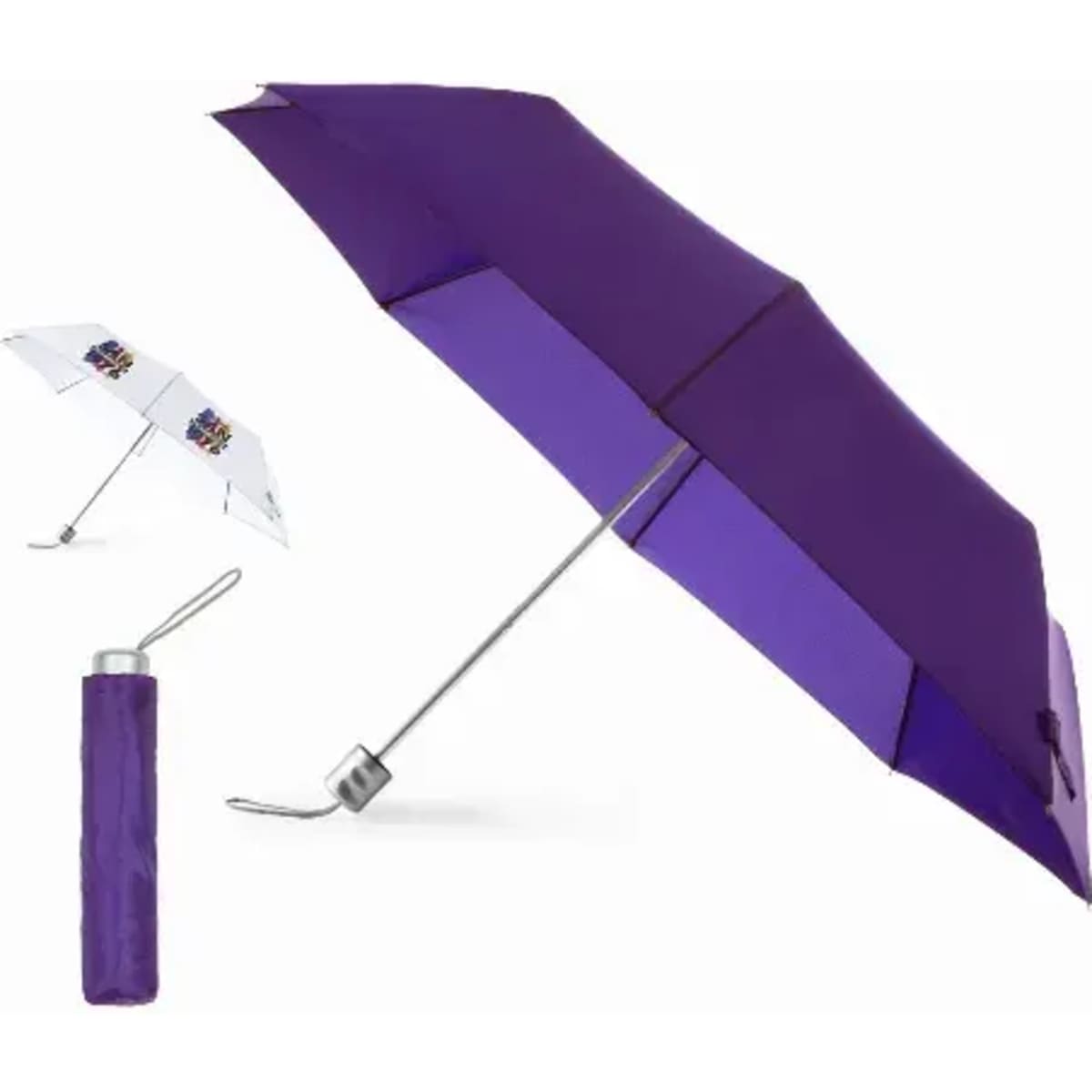A purple umbrella with a matching storage sleeve, featuring a sleek design and a logo on the canopy.