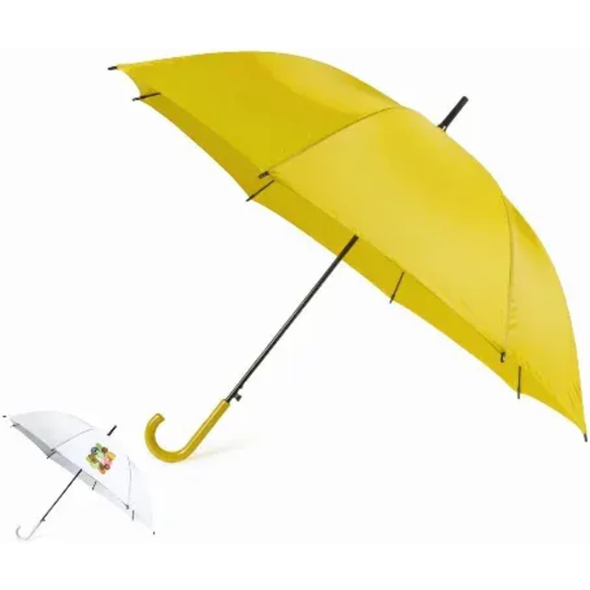 A yellow umbrella with a black handle is prominently featured, alongside a smaller white umbrella with a logo.