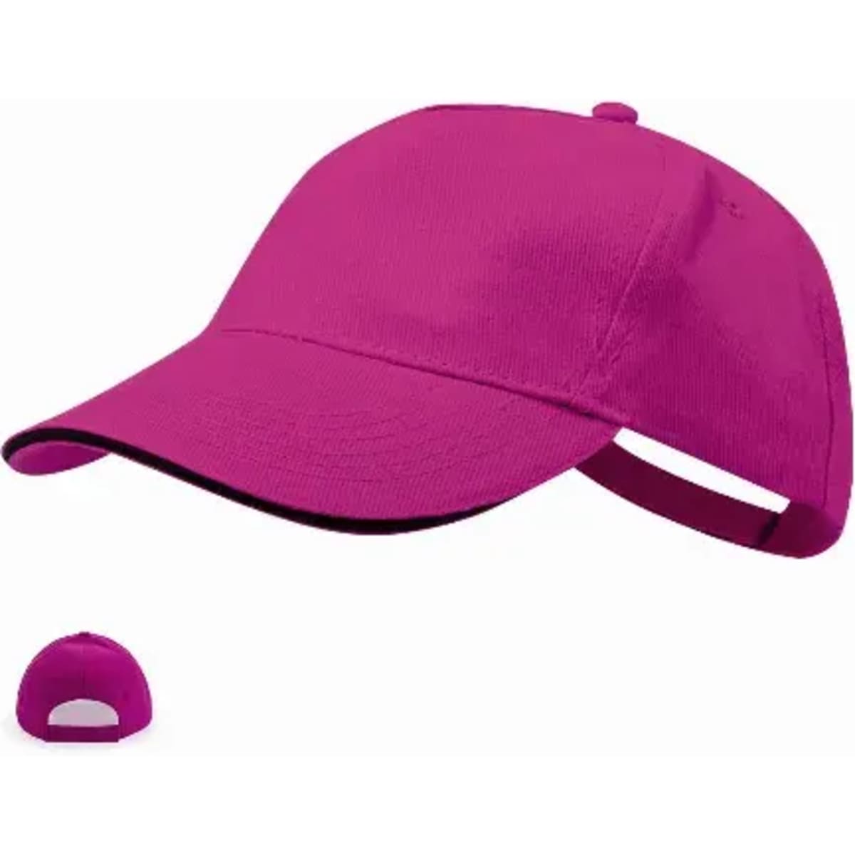 A pink cap with a curved brim and an adjustable strap at the back. The image also features a small version of the cap.