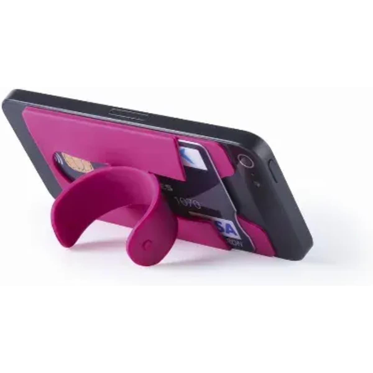 A phone stand in vibrant pink, designed to support a mobile device in an upright position. It features a simple grip design.