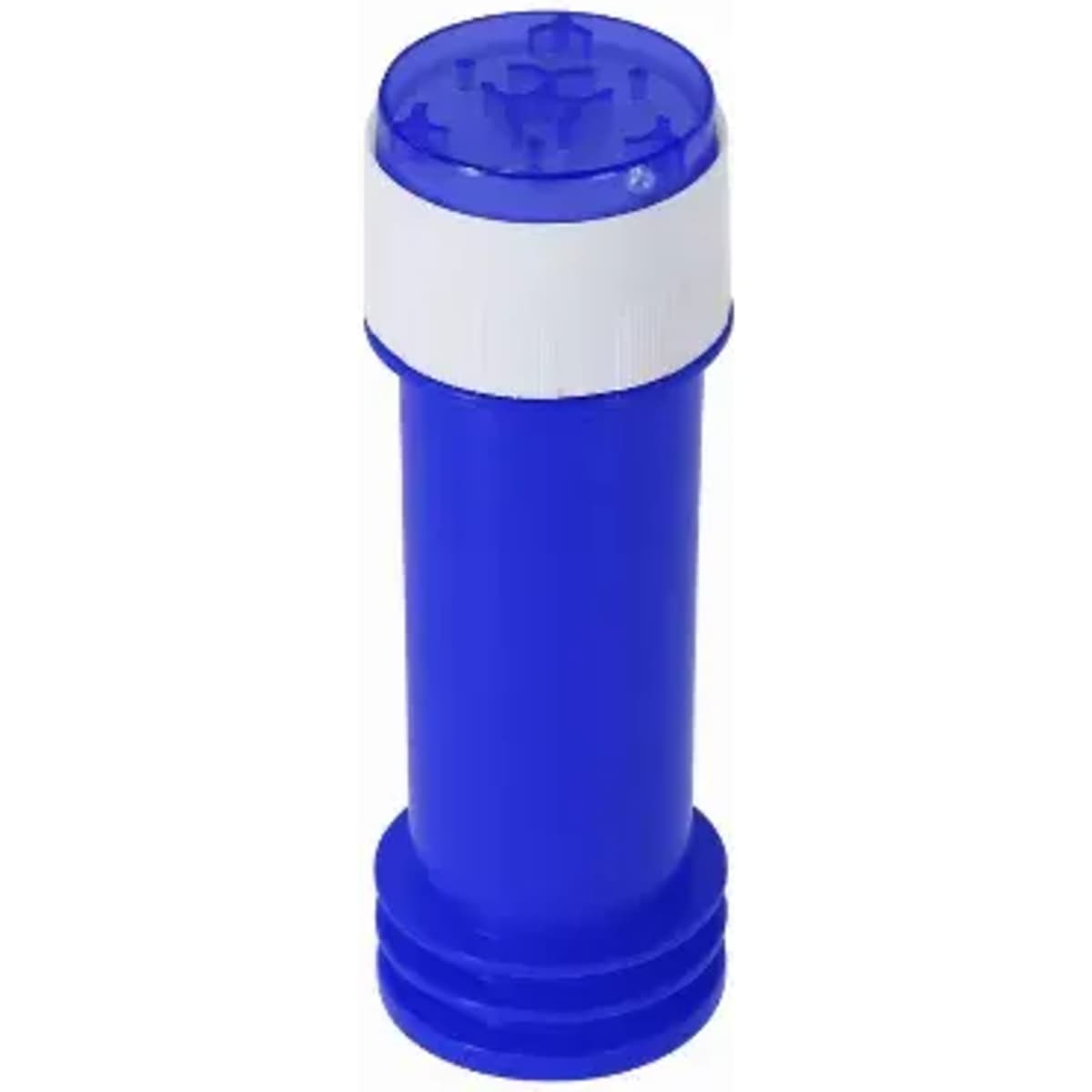 A blue drink bottle with a white lid and a textured top for grip. It features a logo on the side.