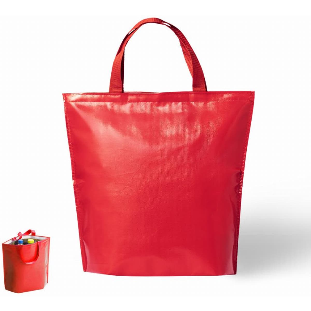 A red tote bag with handles, featuring a simple design and a smaller red bag beside it.