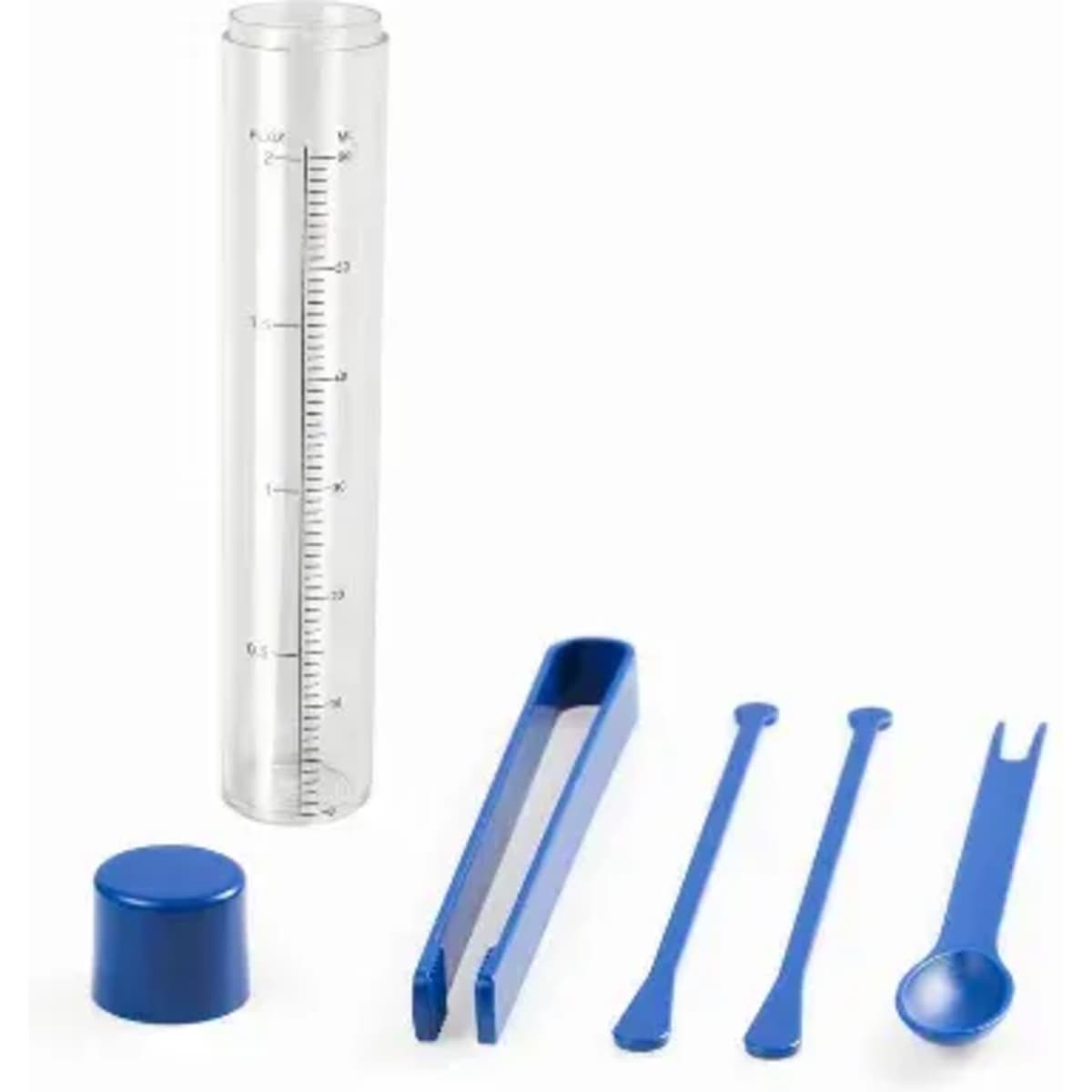 A drink bottle with measuring markings, accompanied by blue utensils including tweezers, a spoon, and applicators.