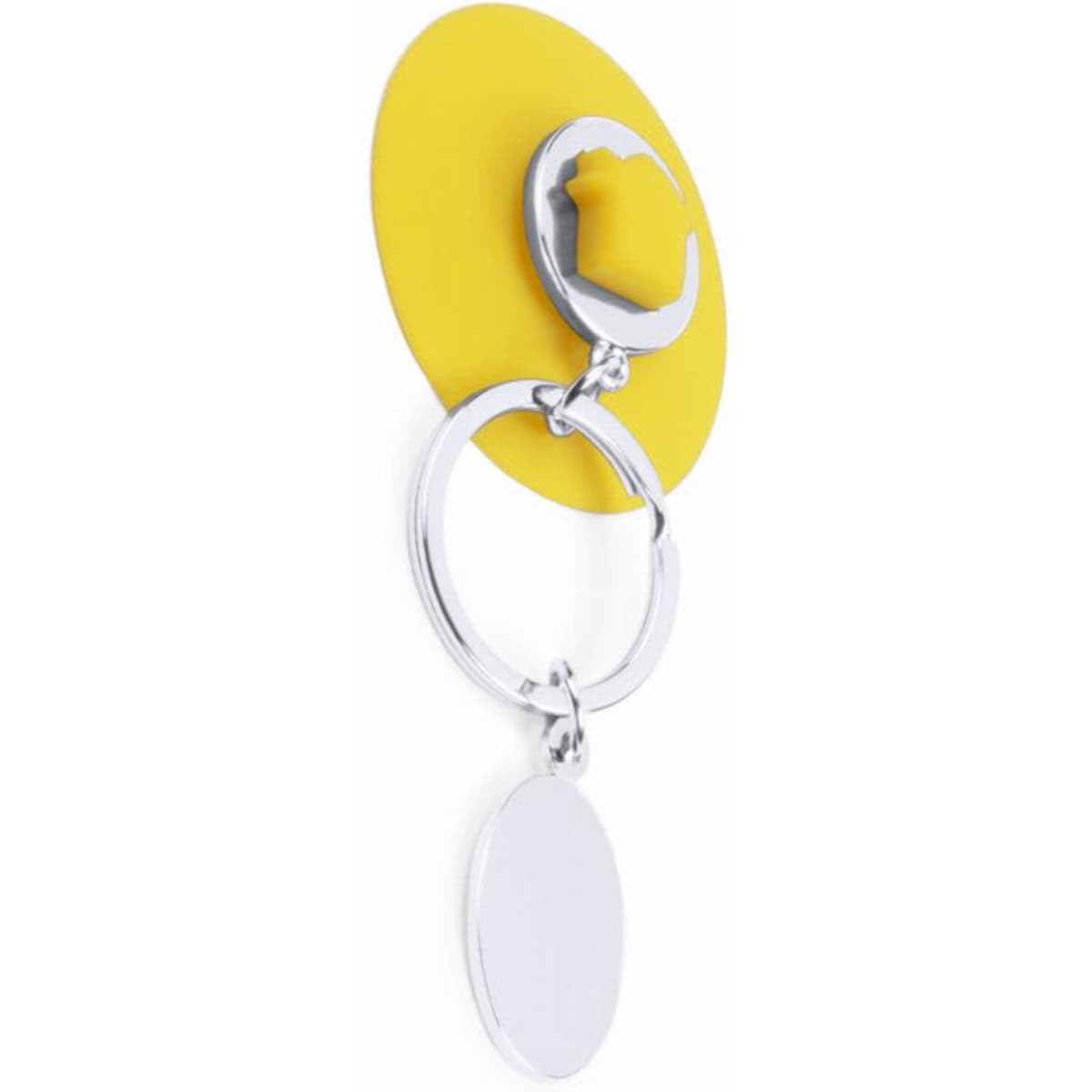 A keyring with a yellow backing, silver ring, and a blank oval tag for customisation.