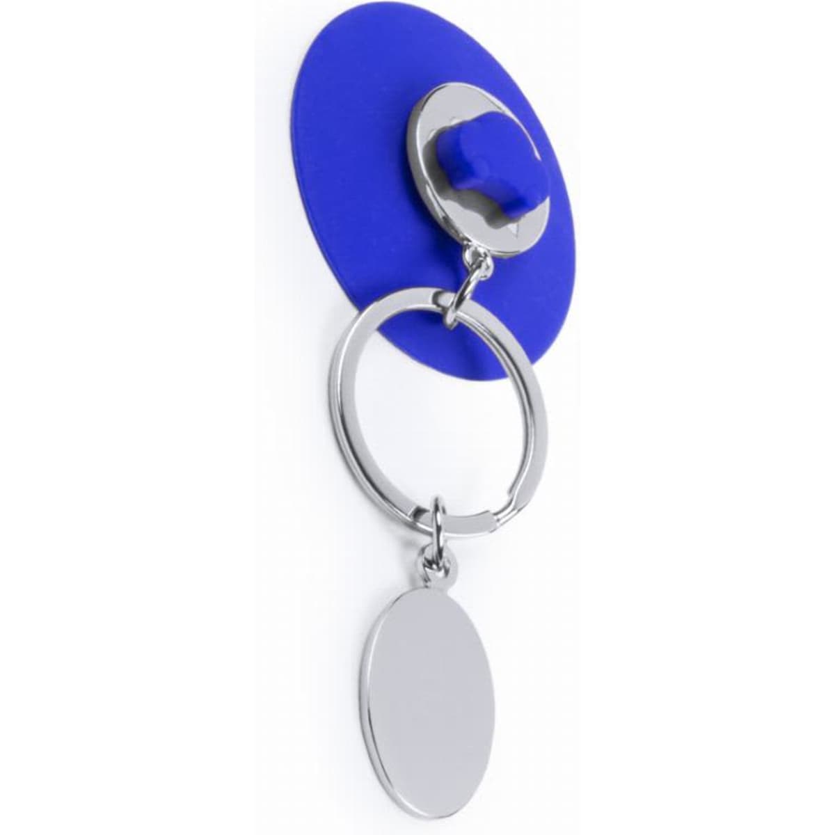 A keyring with a blue backing and a silver circular ring, featuring a blank, oval tag for customisation.