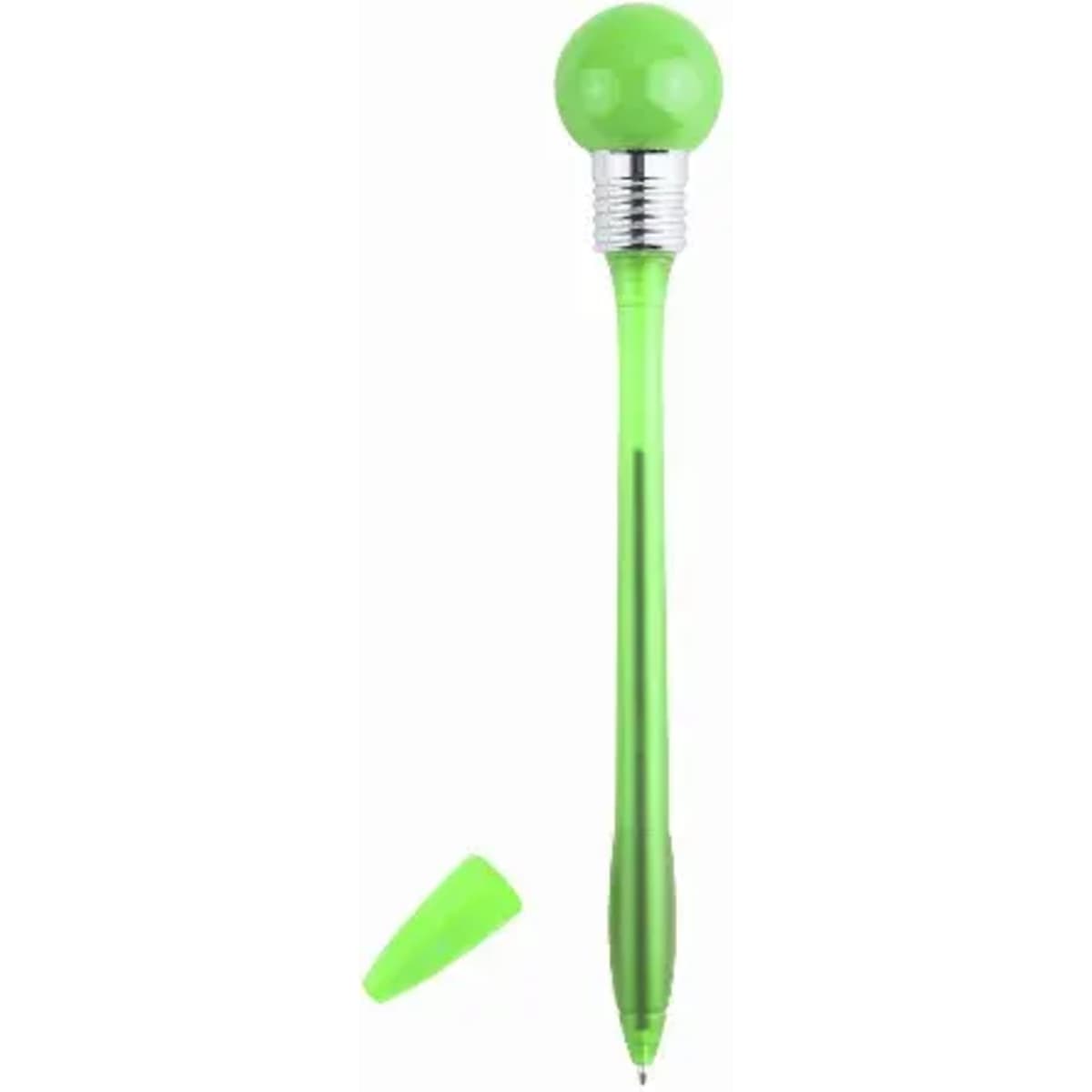 A green promotional pen with a rounded top and a removable cap. The pen has a shiny silver accent.