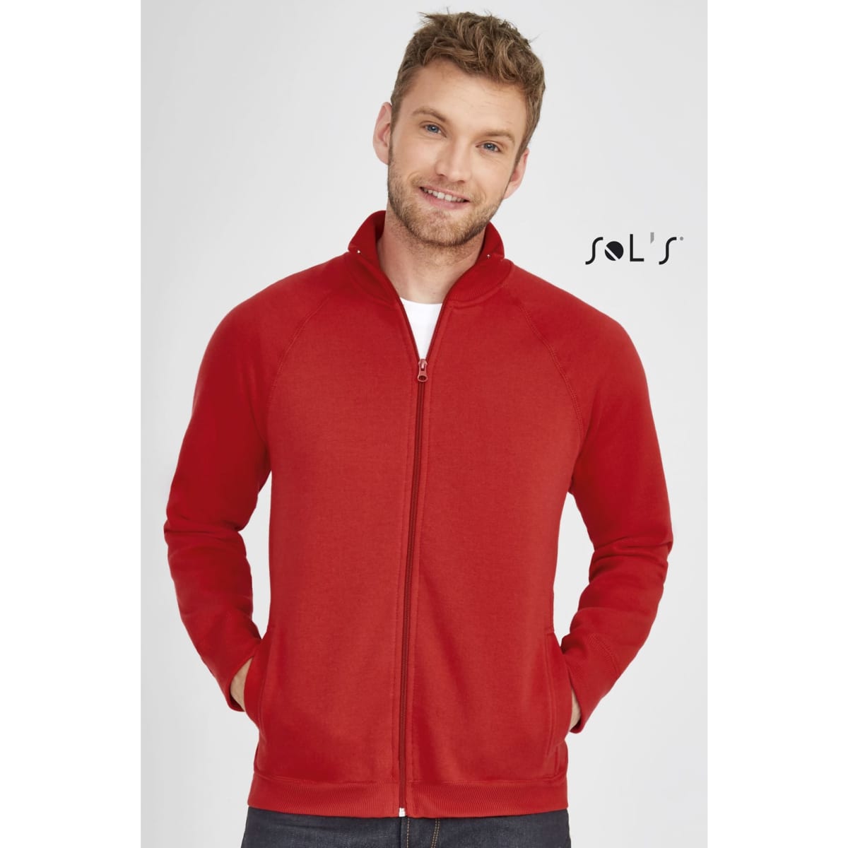 A red zippered jacket made of 50% cotton and 50% polyester, featuring fleece lining and a logo.